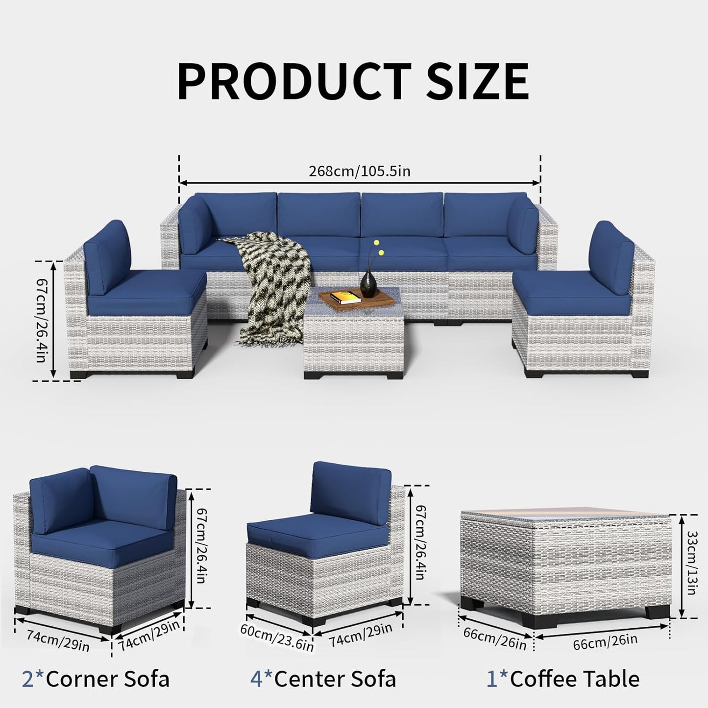 7 Piece Patio Furniture Set, Rattan Outdoor Patio Conversation Sets, Outdoor Sectional Furniture with Waterproof Cushion and Coffee Table, for Deck, Backyard, Garden, Dark Blue