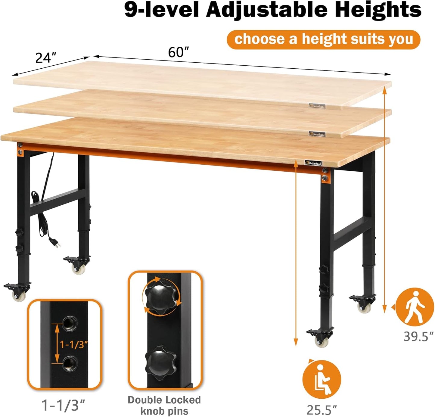60" Adjustable Workbench for Garage, Rubber Wood Heavy Duty Workstation with Power Outlets & Wheels, 2000 LBS Load Capacity Hardwood Worktable for Workshop, Garage, Office, Home, Commercial