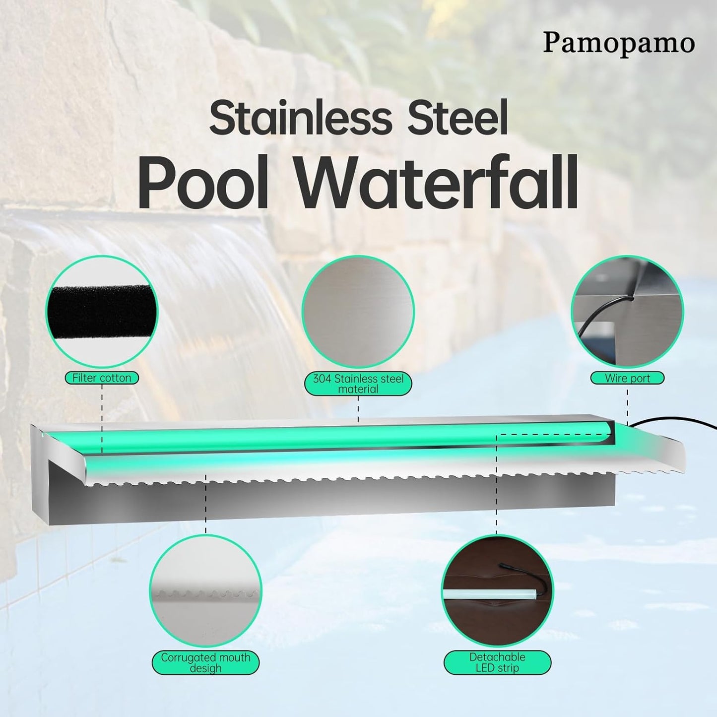 Pool Waterfall Spillway Stainless Steel Koi Pond Fountain, APP Control LED Lighted Waterfalls Kit, Outdoor Water Flow Fountains for Garden Swimming Pool Decoration-11.8"x7.8"x3.9"