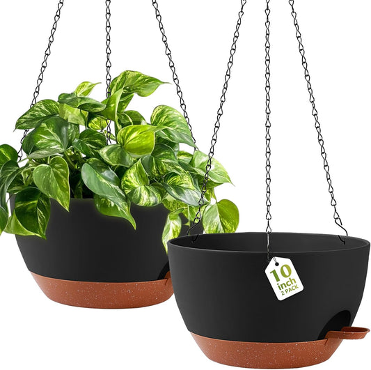 GARDIFE Hanging Planters for Indoor Outdoor Plants, 2 Pack Self Watering Hanging Pot with Drainage Holes & Removable Tray (Black, 10 inch)