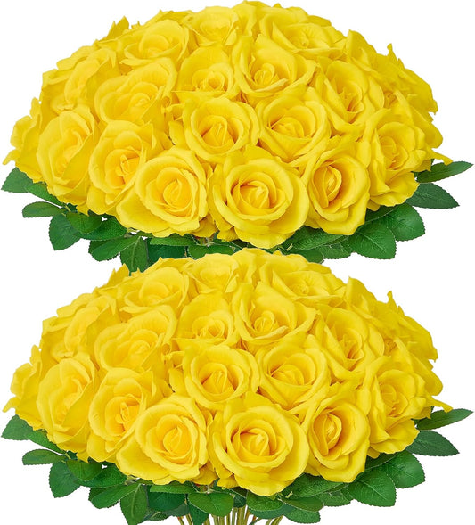 Serwalin ﻿30pcs Artificial Yellow Roses, Realistic Silk Roses Fake Long Stem Artificial Roses for Mother,Wedding Bouquet Table Centerpieces Party Home Birthday Graduation Decorations