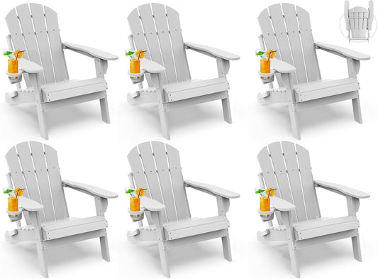 GREENVINES Folding-Adirondack-Chairs-Set-of-6 | HDPE Plastic | Fire Pit Chair | All Weather | Cup Holder | White | for Deck Backyard Patio Outdoor Garden