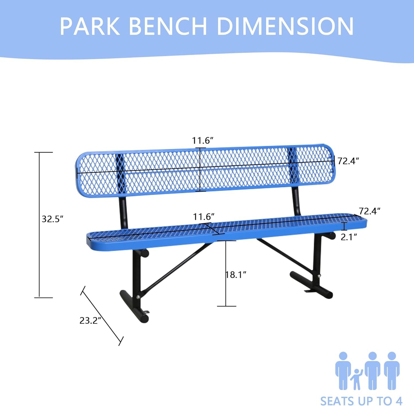 4/6/8 Feet Park Bench for Outside Heavy Duty Metal, Garden Benches Outdoor Bench with Backrest & Portable Frame, for Shopping Malls Stores Parks Patios Decks, Blue