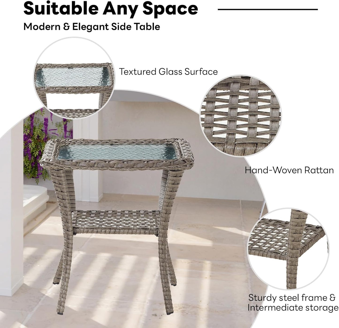 Handwoven Wicker Side Table - 20 Inch Small Outdoor Table 2 Tier Storage with Tempered Glass Top, All Weather Outdoor Patio End Tables for Deck Balcony Outside Gray