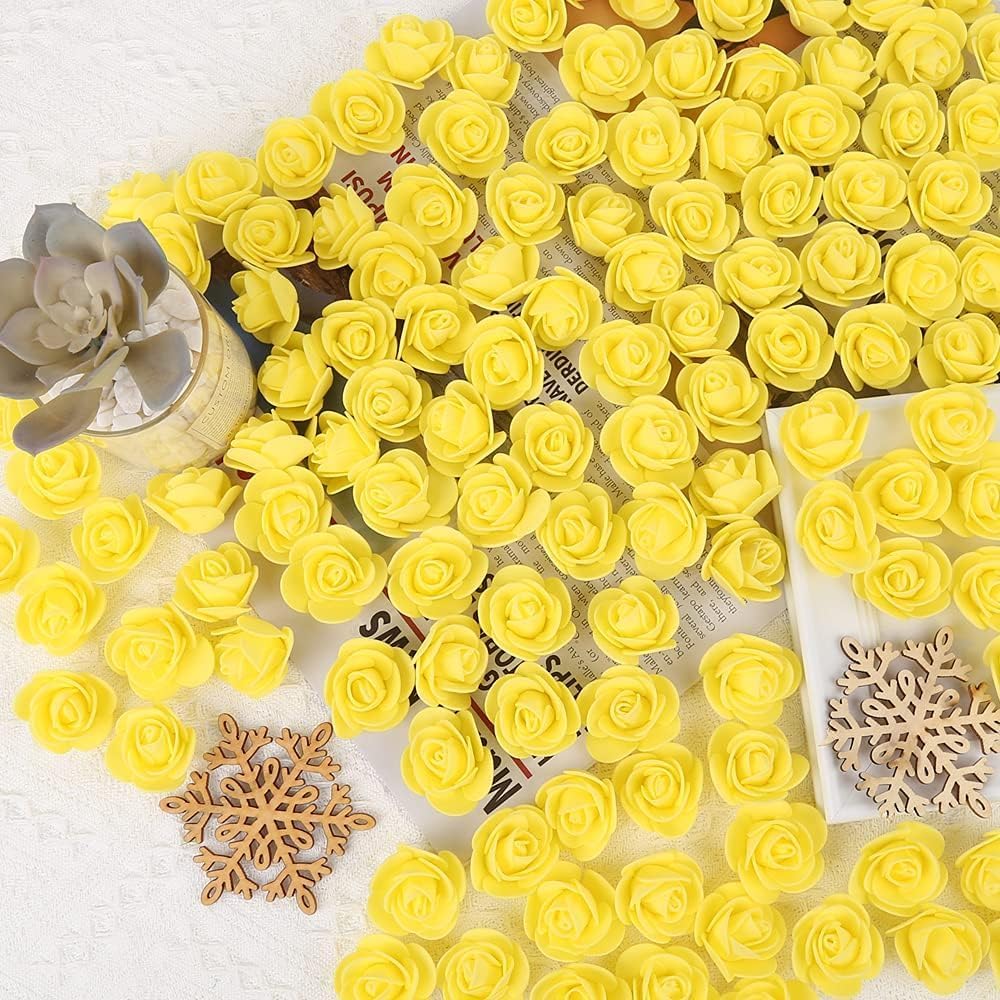 Mini Fake Rose Flower Heads 144pcs Mini Artificial Foam Roses DIY Wedding Flowers Accessories Make Bridal Hair Clips Headbands Dress (Bottom add Gauze) for Valentines Day,Wedding,Bridal (Yellow)