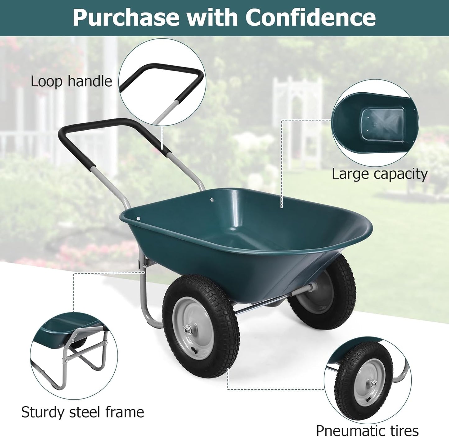 ERGOMASTER Dual-Wheel Wheelbarrow, Home Utility Garden Cart, 330 LBS Capacity, Large Heavy Duty Yard Cart for Gardening & Planting, Lawn, Farm, Construction Site, Green