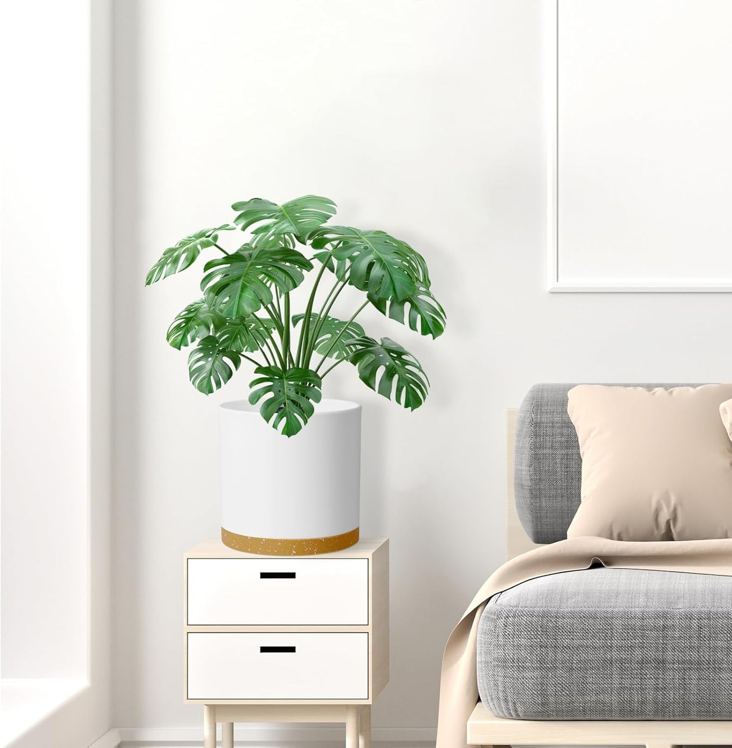 12 Inch Large Deep Plant Pots for Outdoor Indoor Plants, Tall Cylinder Flower Pots with Drainage Holes and Saucer, Big Decorative Plastic Planter Pots for Garden House Plants, White with Brown