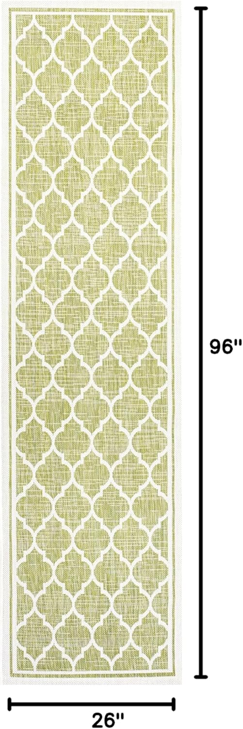 Eyely BMS109G-28 Santa Monica Trebol Moroccan Trellis Textured Weave Indoor/Outdoor Runner Rug Coastal;Bohemian, Bedroom, Backyard, Patio, Easy-Cleaning, Non-Shedding, 2 X 8, Green/Cream