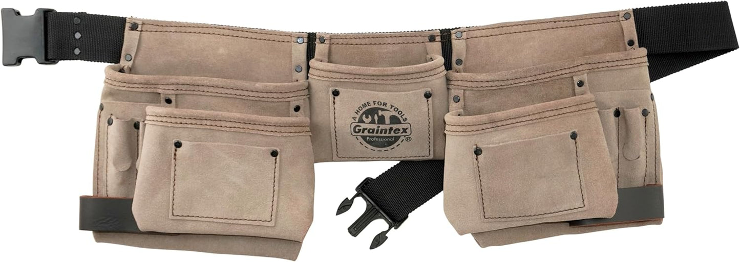 Graintex DS2016 11 Pocket Beige Color Suede Leather Tool Belt/Tool Bag/Work Apron, 2 Hammer Loops, Adjustable Belt | Construction, Carpenter, Roofing, Drywall, Electrician, Gardening, DIY