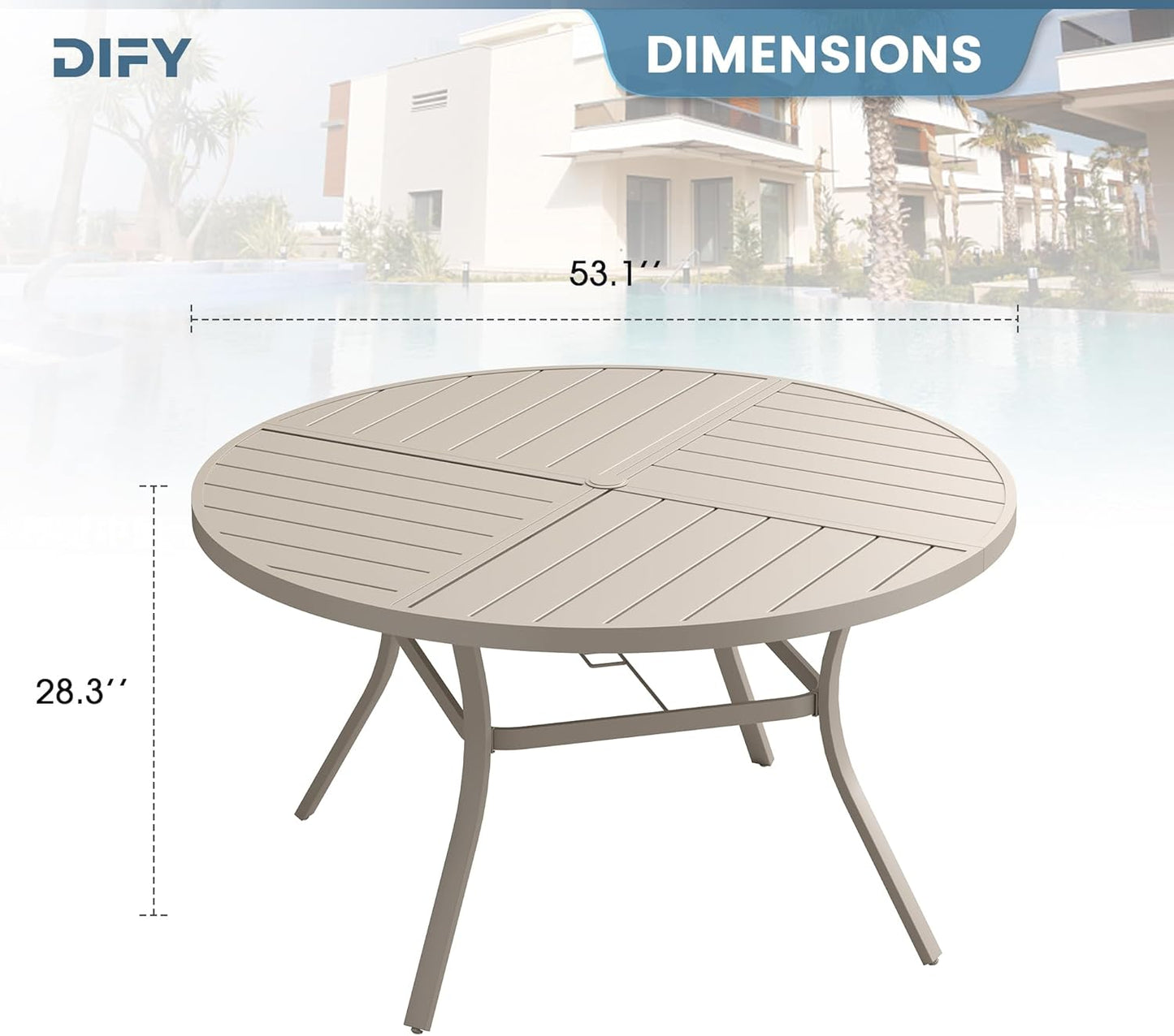 DIFY 53.1" Round Outdoor Patio Dining Table for 6-8, All-Weather Metal Steel Slatted Patio Table with 1.57" Adjustable Umbrella Hole, for Lawn Garden Porch Backyard, Sandshell
