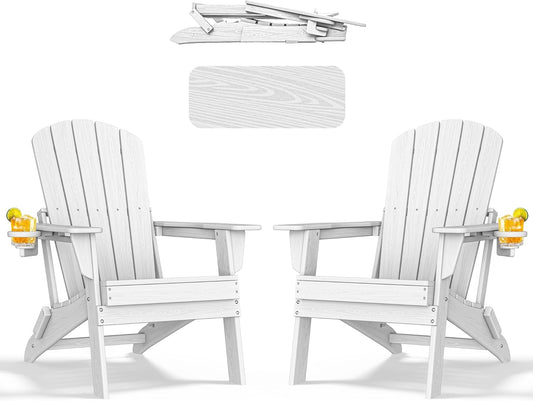 Folding Adirondack Chair - Extended Ergonomic Backrest, Cup Holder - Easy Assembly - Durable HDPE Plastic, Weather Resistant & Maintenance-Free - Lawn, Patio, Deck Supports 380lbs White