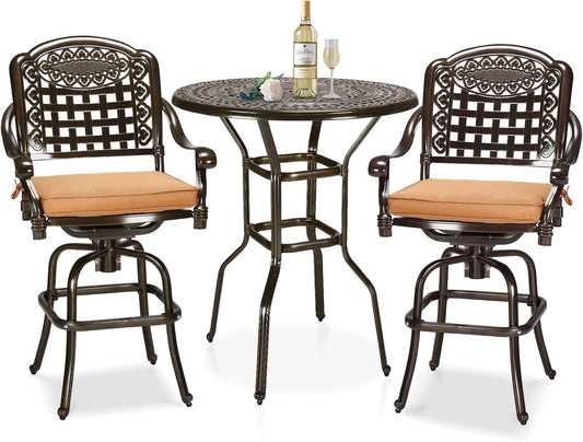 3-Piece Patio Swivel Bar Set, High Top Bar Table & Chairs, All-Weather Cast Aluminum Swivel Bar Stools (2) & 38.5" Table, Patio Bistro Set