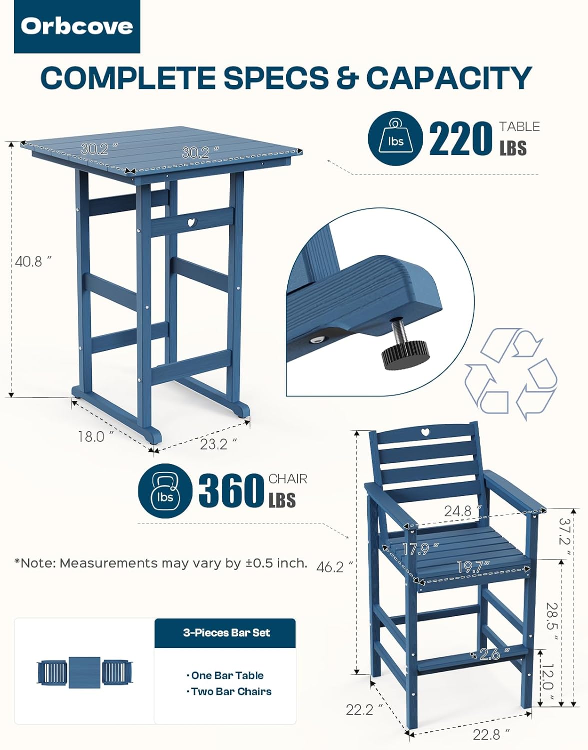 Adirondack Outdoor Bar Table, Durable HDPE Composite, Weather Resistant, Easy to Clean, Perfect for Backyard and Poolside Use, Navy Blue