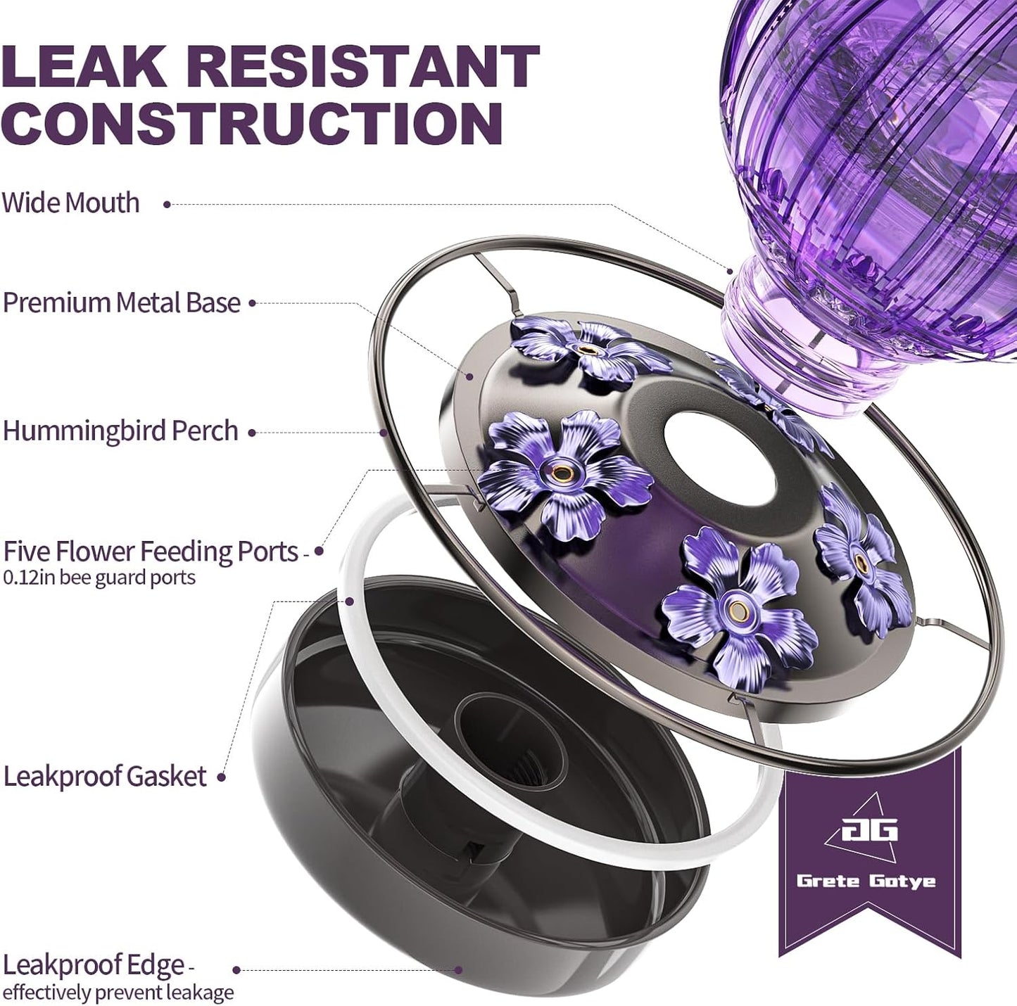 Glass Hummingbird Feeder for Outdoors Hanging, Bird Nectar Feeder with Perch & 5 Flower Feeding Ports, 26 Oz Leak Proof for Outside Garden Decor Backyard, Gifts for Women Mom, Purple