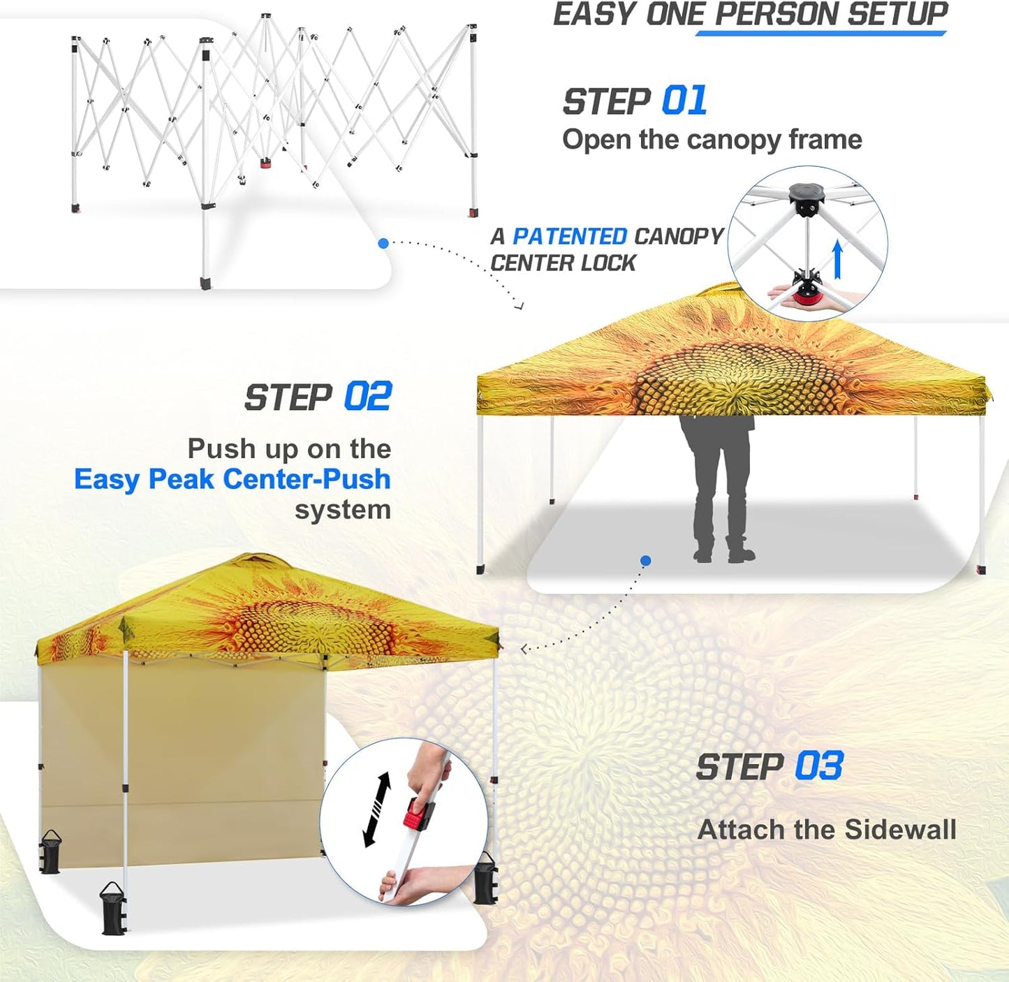 EAGLE PEAK Pop Up Canopy Tent with 1 Sidewall, Easy Setup Event Tent, Outdoor Sun Shade, Wheeled Carry Bag, Stakes and Guy Ropes, Instant Canopy 10x10, Sunflower