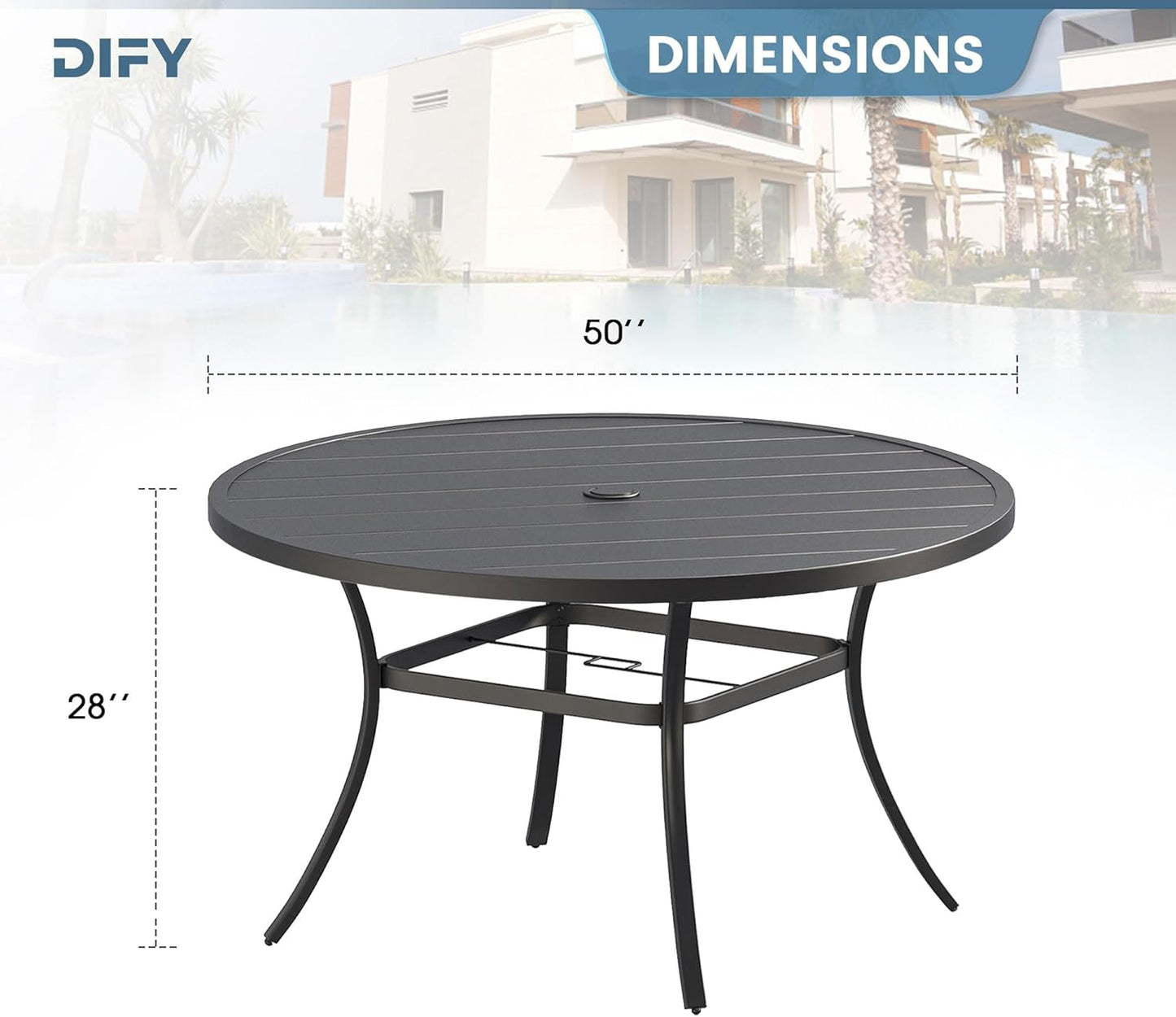 DIFY 50" Round Outdoor Patio Dining Table for 6, Metal Patio Table with 1.57" Adjustable Umbrella Hole, All-Weather Dining Furniture Table for Backyard Lawn Garden, Black