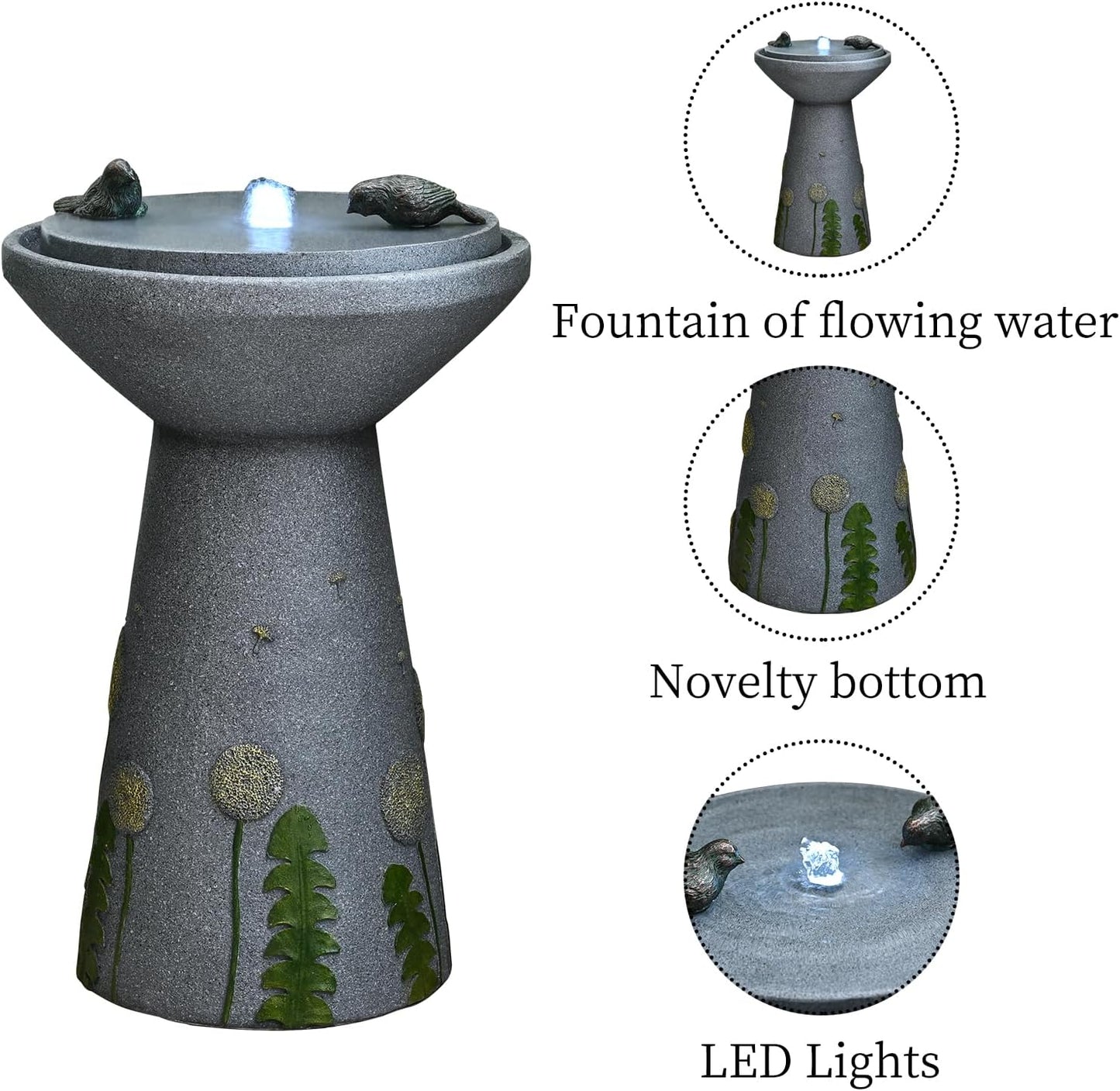 30.7" Outdoor Garden Floor-Standing Water Fountain with LED Light and Pump, Two Birds Embossed Pattern Pedestal Ceramic Watefall for Patio, Backyard, Deck, Porch and Home Art Decor