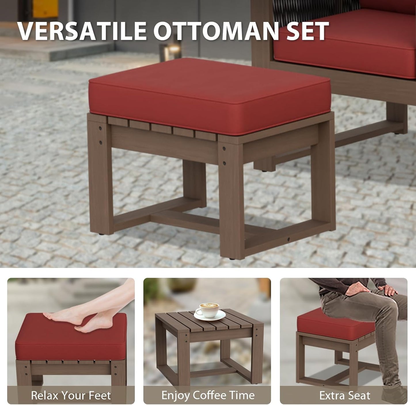 EAGLE PEAK Natural Wood Outdoor Patio Furniture, Cedar Furniture, Conversation Set, Outdoor Seating for Deck Patio Porch, Sofa 2 Chairs 2 Ottomans & Coffee Table, 6 Pieces, Brown/Red