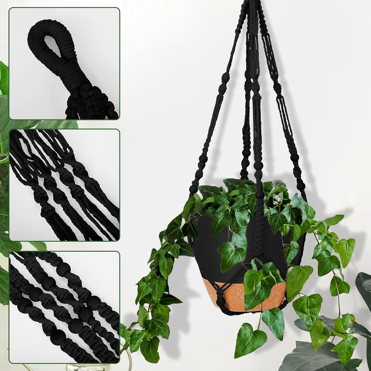 GARDIFE 10 Inch Hanging Planters with Macrame Plant Hanger for Indoor and Outdoor Plants, 2 Pack Large Self Watering Hanging Plant Pot with Basket Flower Pot with Drainage Hole, Black