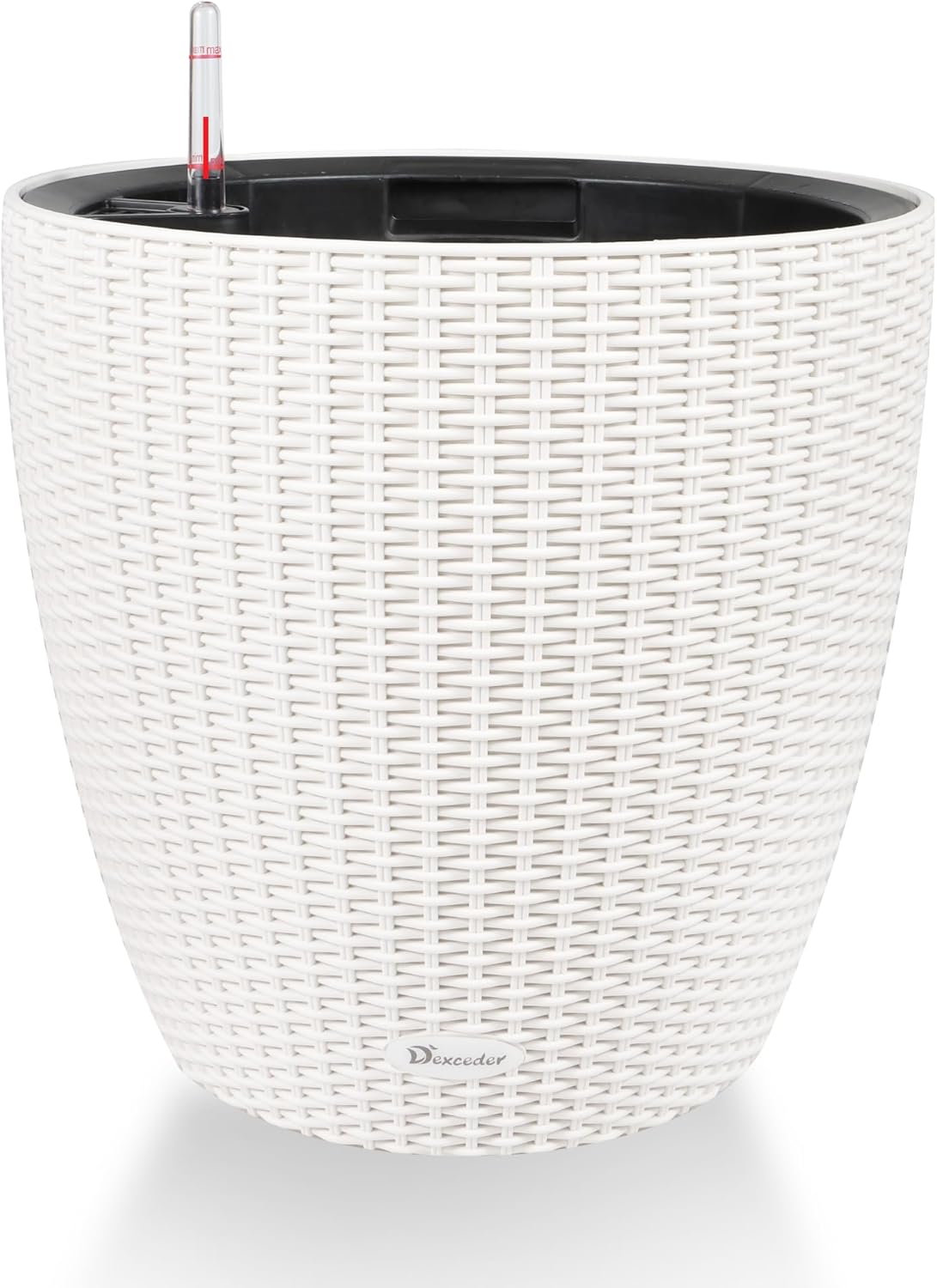 Dexceder 15x14 Rattan Self Watering Planter with Wheels Indoor Outdoor, Inner Pot Design, Thickened Large Floor Standing Flower Plant Pot with Water Level Indicator (Ivory White)