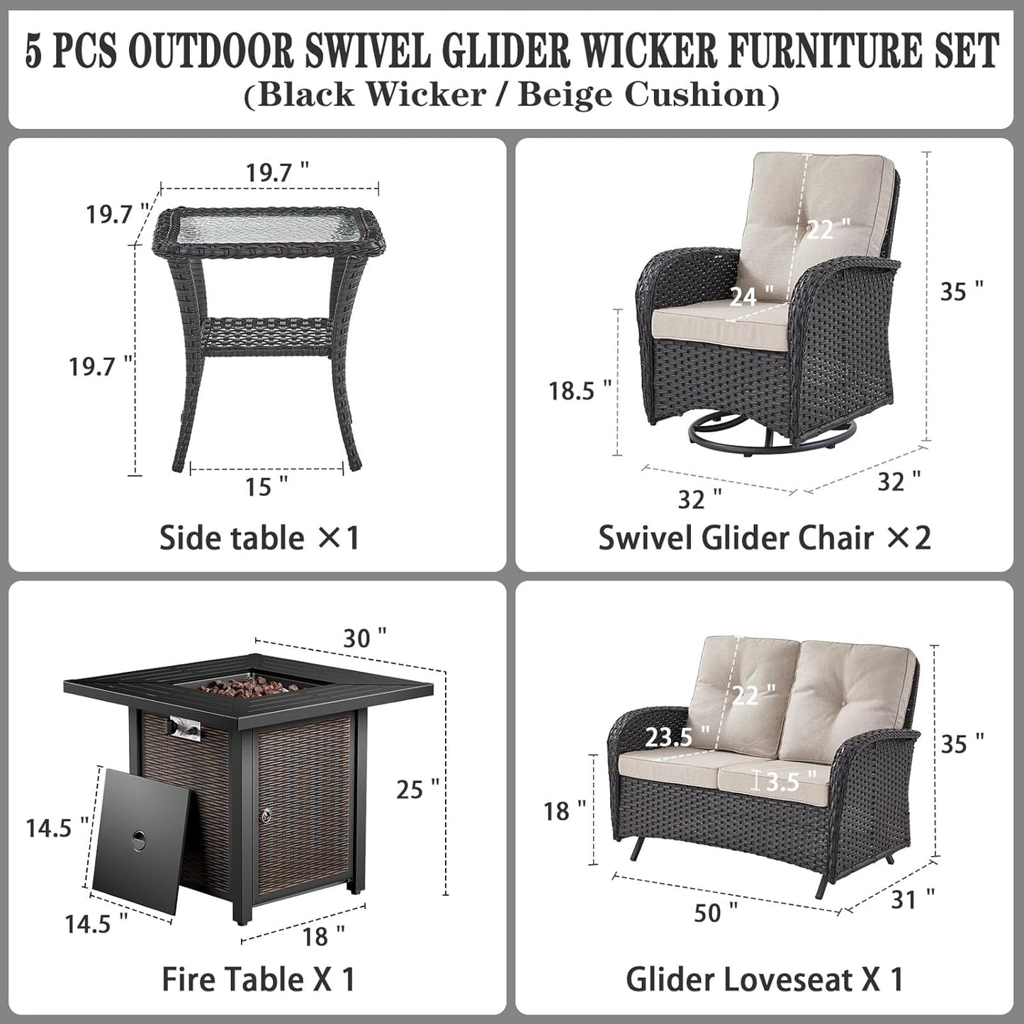 5 Piece Outdoor Patio Furniture Set with 50000 BTU Propane Fire Pit Table, Deep Seating Wicker Swivel Rocker Chairs and Loveseat Glider Patio Conversation Set for Poolside Deck Backyard Black