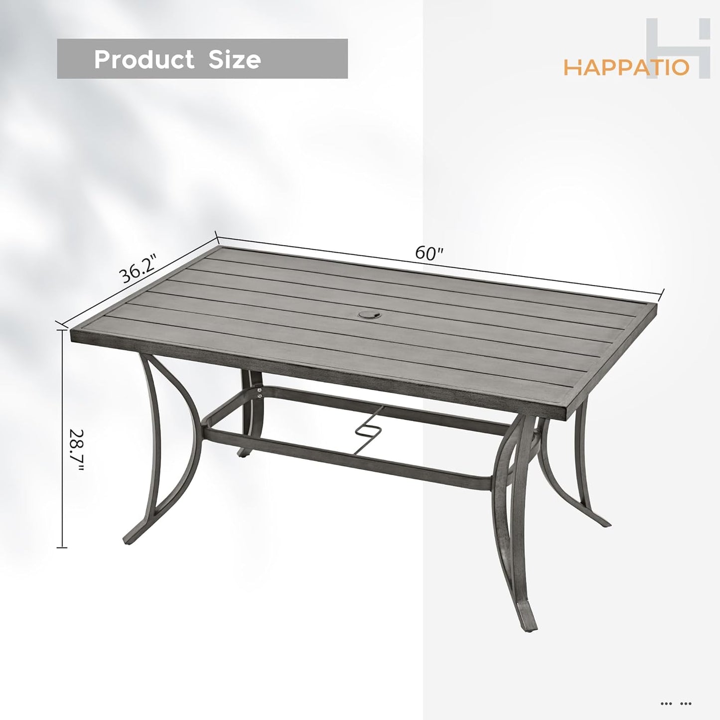 HAPPATIO Patio Dining Table for 6, Large Rectangle 60"×36.2", Patio Aluminum Slat Dining Table with 2.2" Umbrella Hole, All Weather Outdoor Table for Lawn, Garden and Poolside