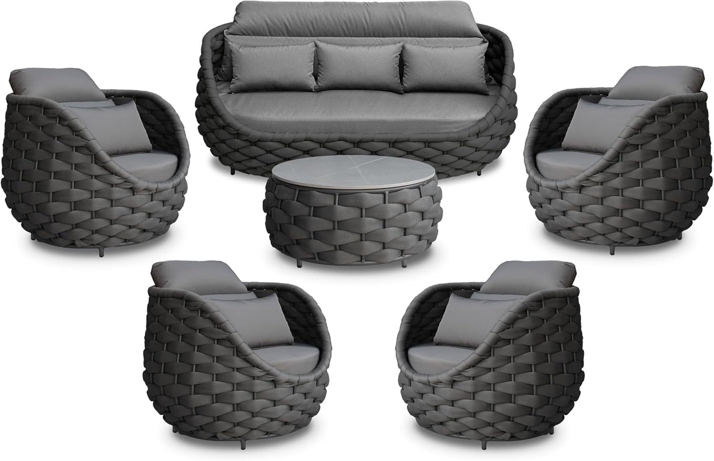 6 Pieces Rope Patio Furniture Set: Aluminum Outdoor Couch Set Cushioned - Assembled Porch Conversation Sofa Set Modern - Metal Patio Seating for 7 Person Deck Garden Poolside Hotel, Dark Gray