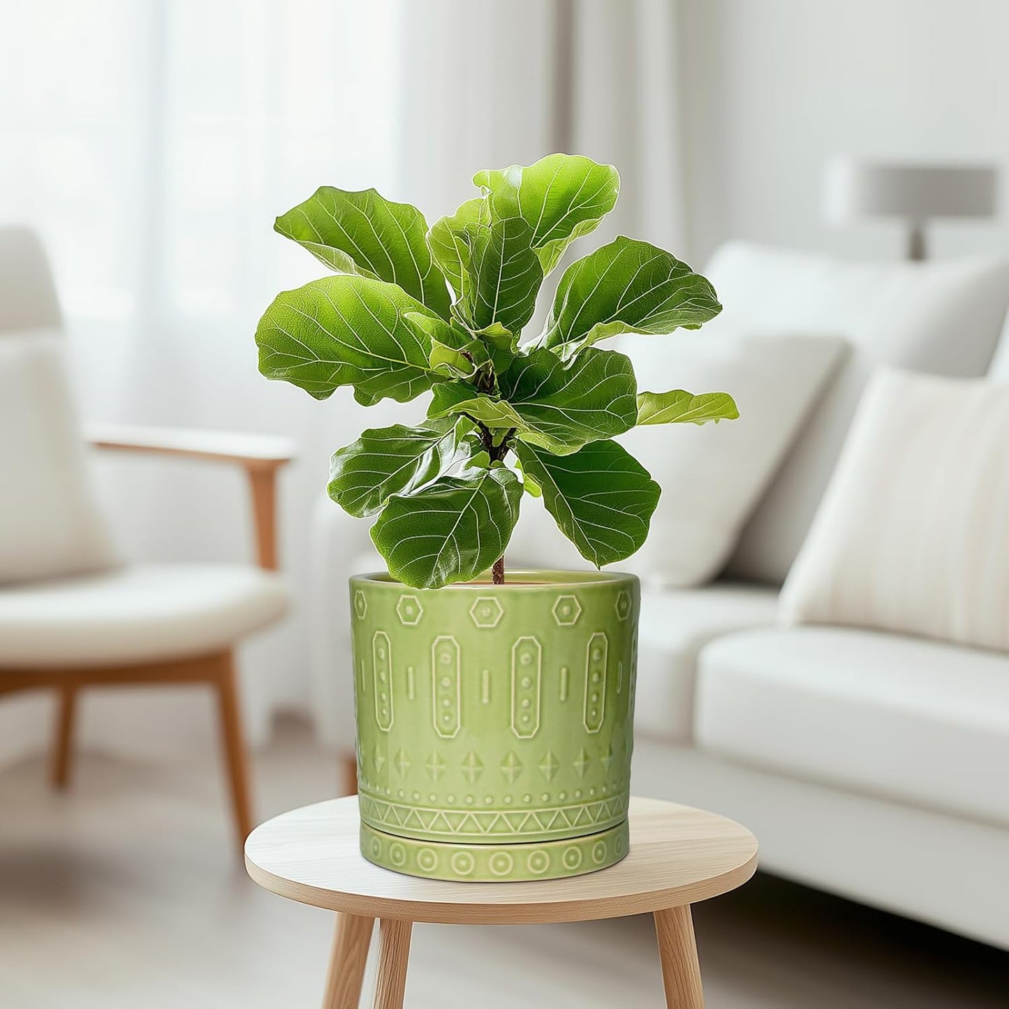 8 Inch Plant Pots - Ceramic Planter for Indoor Plants Outdoor, Round Ceramic Flower Pots with Drainage Hole and Saucer, Boho Decorative Planter, Home Bedroom Decor, Birthday Gifts, Green