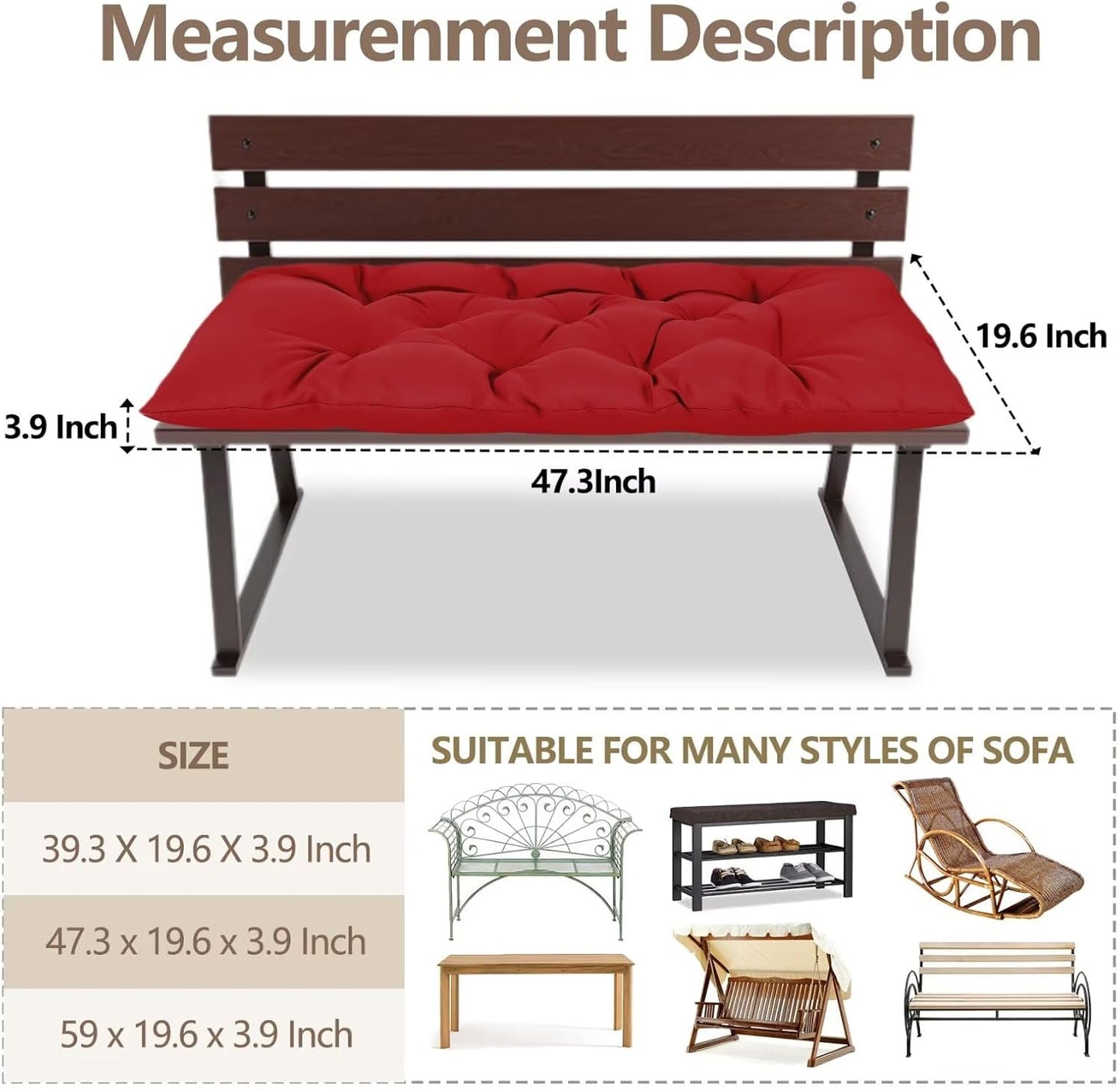 47.3 in Waterproof Indoor/Outdoor Garden Bench Seat Cushions，Thicken Patio Bench Soft Rocking Chairs Pad Lounger Seat for Wicker Loveseat Settee（47.3 X 19.6 X 3.9 inch，Red ）