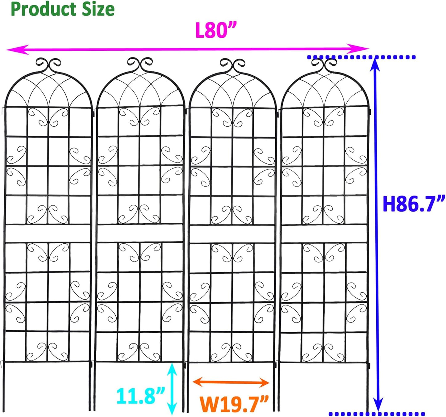 4 Pack Metal Garden Trellis 86.7" H Garden Fence Rustproof Trellis for Climbing Plants Support Roses Flower Outdoor Lawn Black