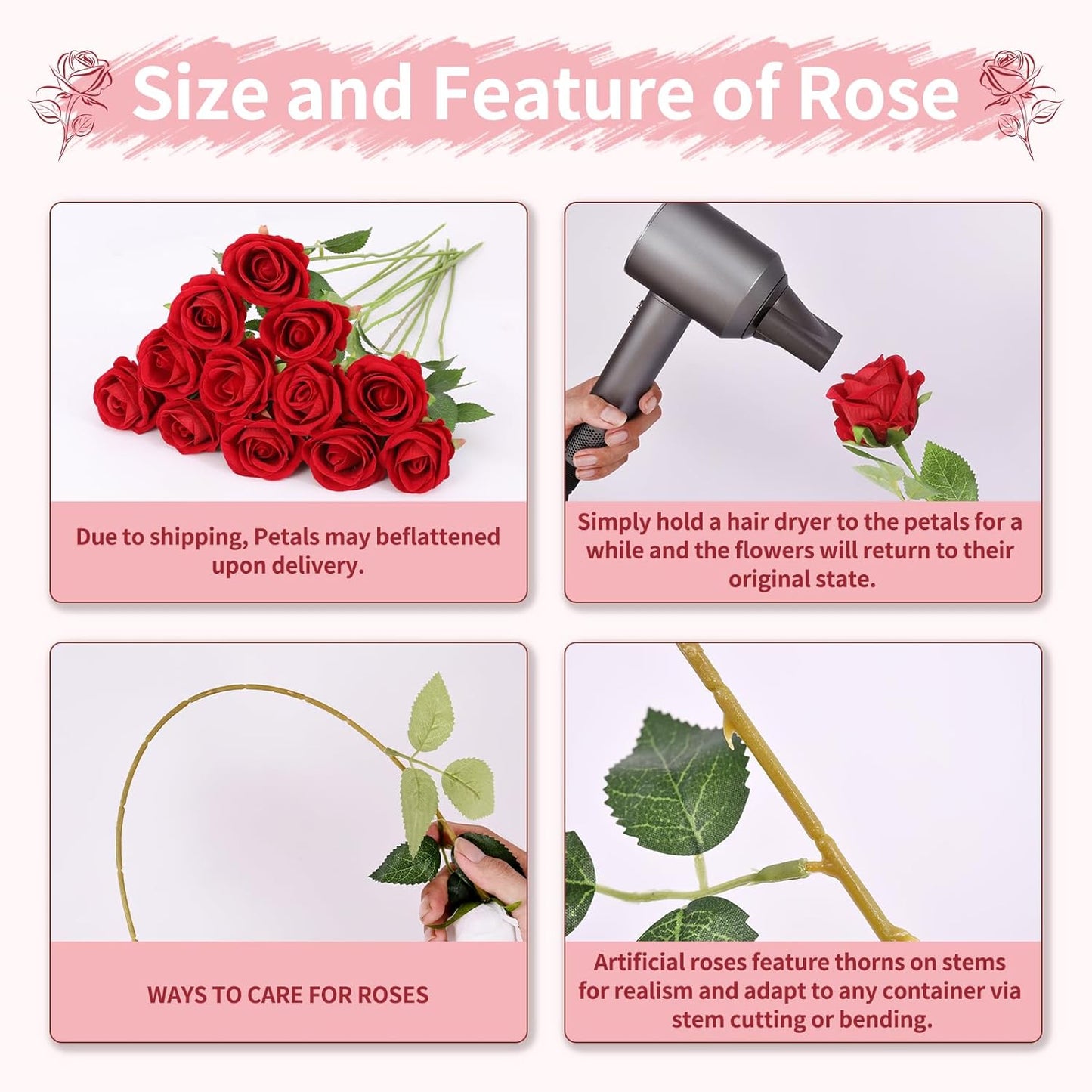 102 PCS Fake Roses Artificial Flowers Bulk, Red Roses Bridal Bouquet Silk Faux Rose with Stems for Wedding Flowers Decoration, Valentine's Day, Bridal Bouquet, Anniversary,Home Decor (102PCS, Red)