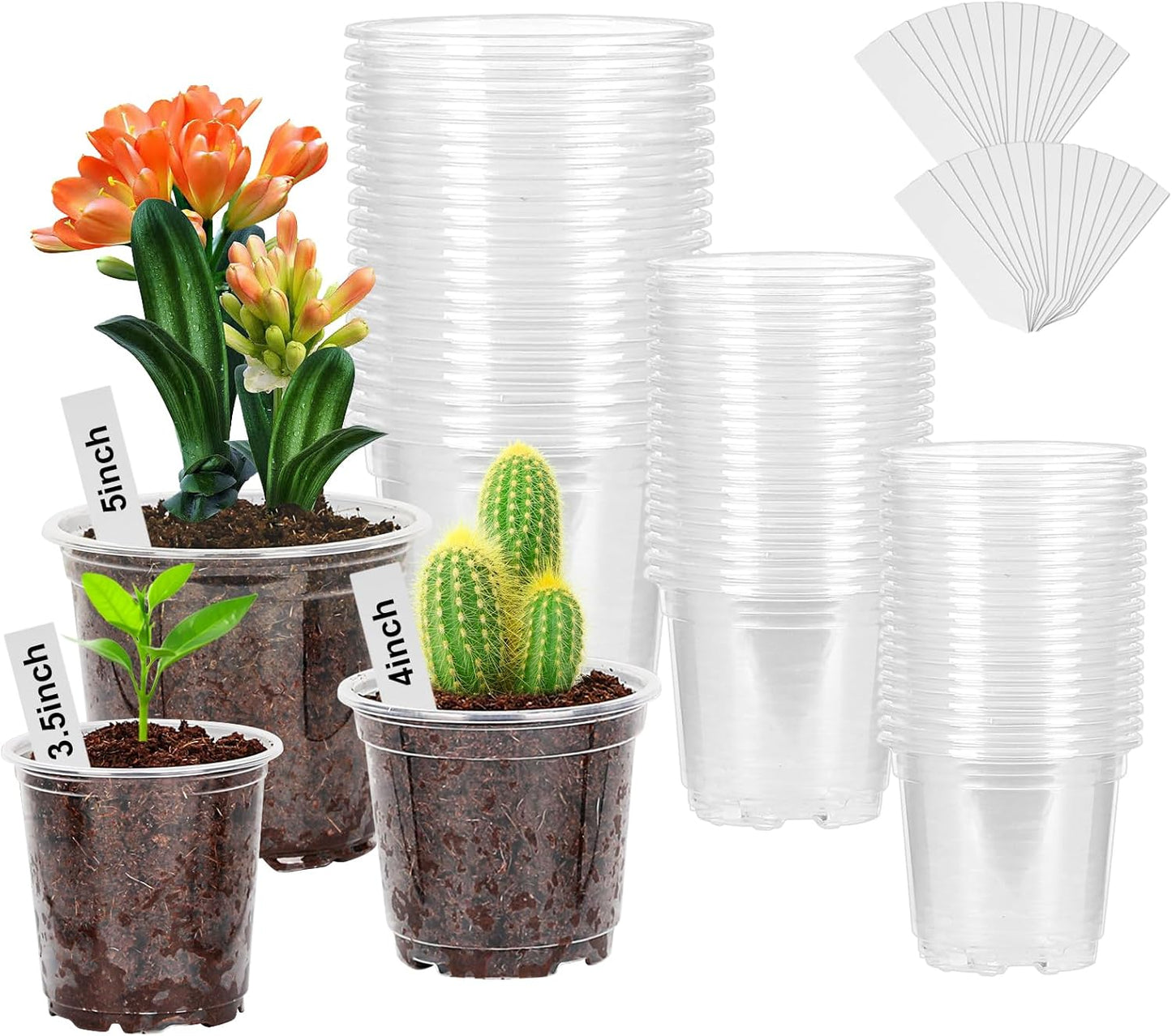 60 Pack 3.5/4/5 Inch Reinforced Clear Nursery Pots with Drainage Holes, Transparent Variety Pack Plastic Plant Pot Seed Starter Pots Flower Pots Come with 50pcs Plant Labels
