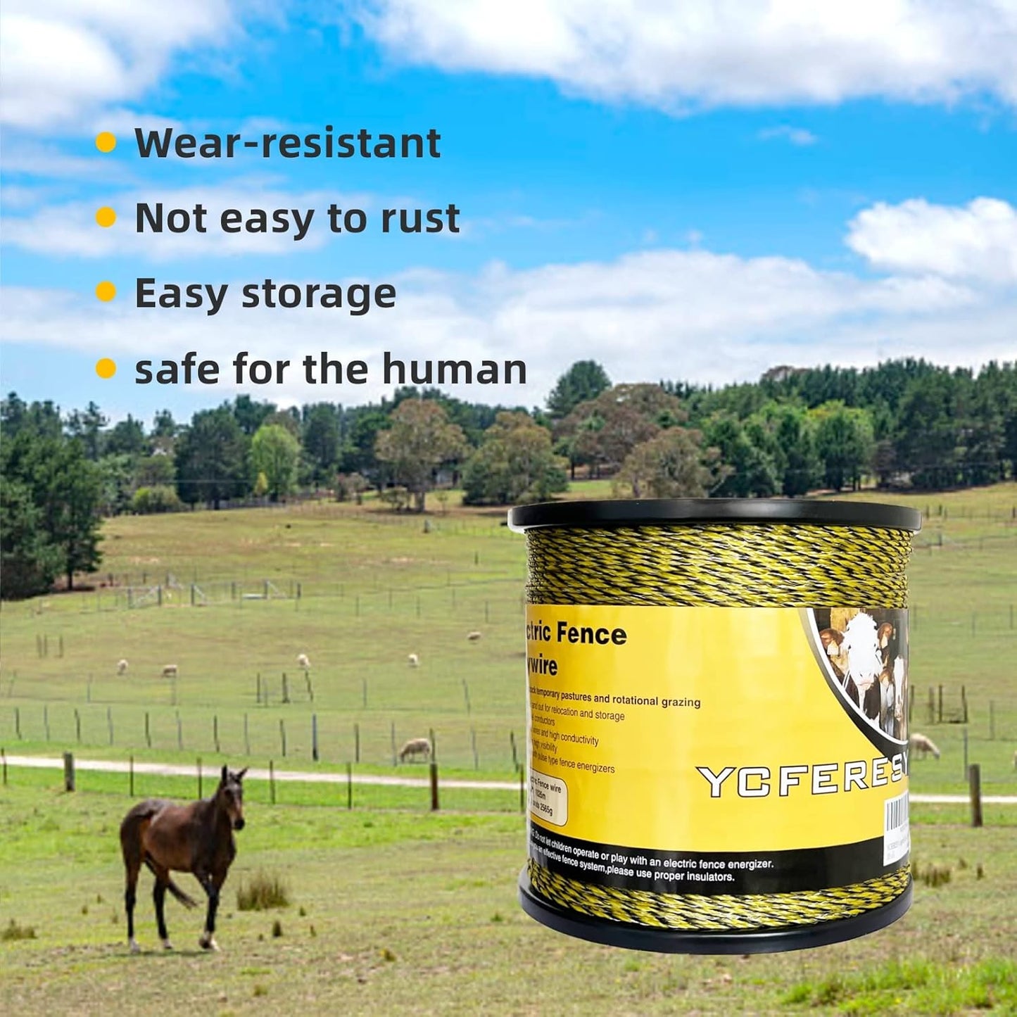 Upgraded Electric Fence Polywire 3366 Feet 1026 Meters, 6 Stainless Steel Strands for Reliable Conductivity and Rust Resistance, Portable Electric Fencing,UV, Rust Resistant