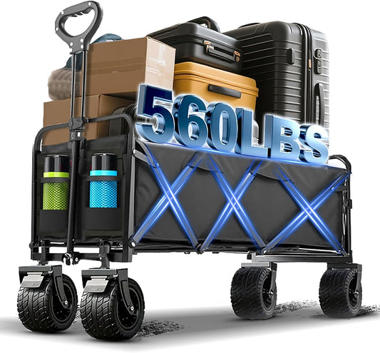 350L Large Capacity Foldable Wagon with Brakes, 560lbs Heavy Duty Collapsible Wagon Cart with Push Handle All-Terrain Big Wheels for Camping, Sports, Shopping, Beach