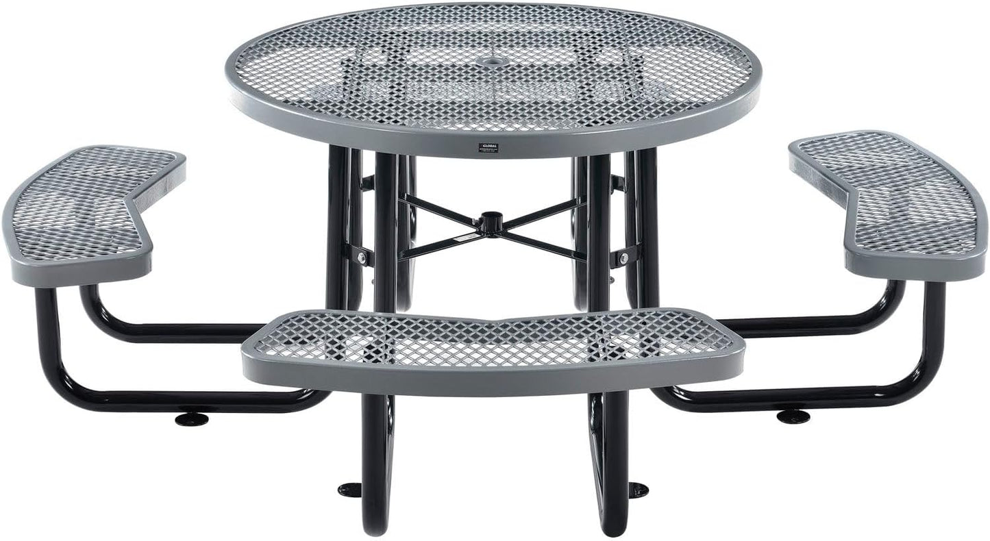 Global Industrial 46" Round Picnic Table, Expanded Metal, Gray Thermoplastic Coating, Attached Benches, 1-1/2” Umbrella Pole Hole, Outdoor-Rated, 1000 lb Capacity