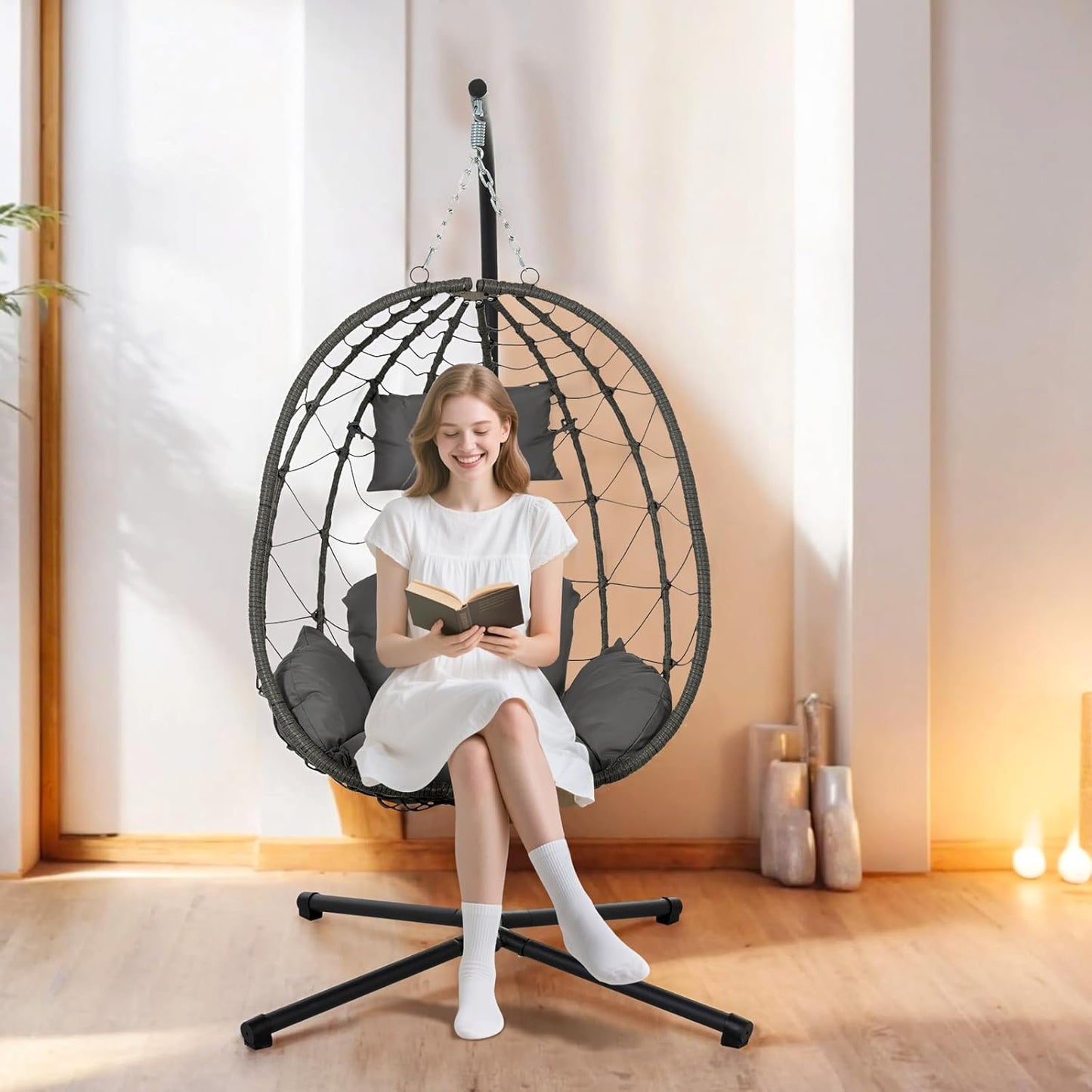 Hanging Egg Chair with Stand Egg Chair Indoor Outdoor, Patio Swing Hammock Egg Chairs, UV Resistant Removable &Washable Thicken Padded Cushions, 350LBS Capacity for Bedroom, Balcony, Garden, Dark Grey