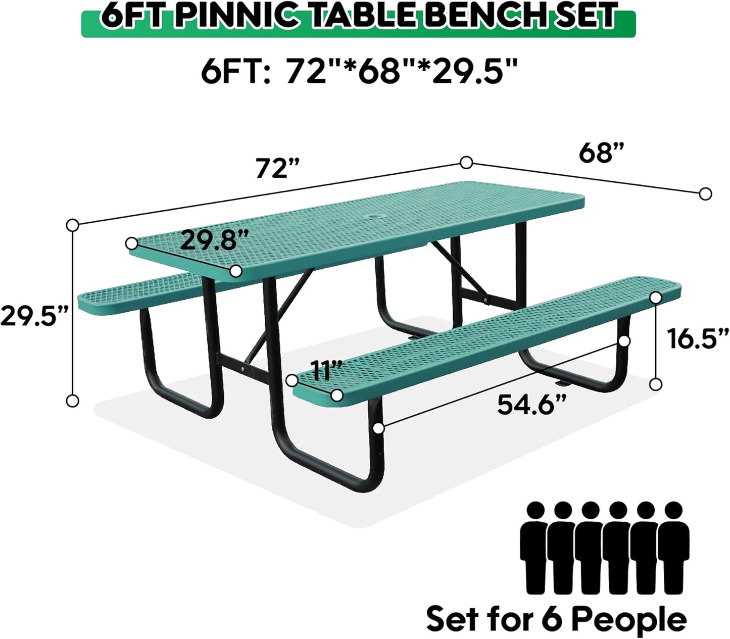 6FT Metal Picnic Tables for Outdoors, Commercial Rectangular Picnic Table and Bench Set for Outside, Patio, Garden, Backyard, Porch, Surface Mount, Green