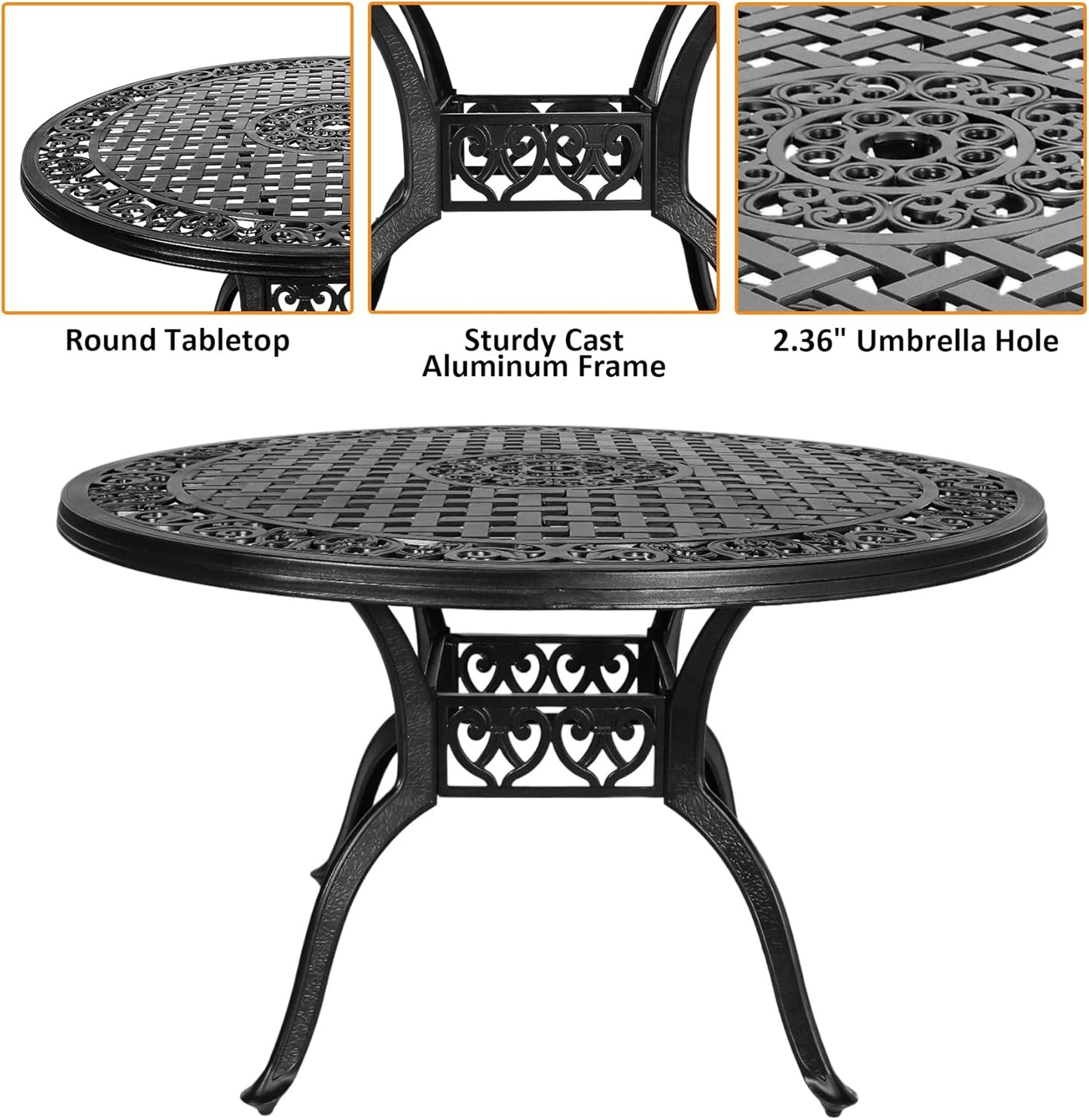 48 Inch Outdoor Dining Table Round Patio Bistro Table Powder-Coated Cast Aluminum Frame Patio Dining Table Garden Table with Umbrella Hole (Black)