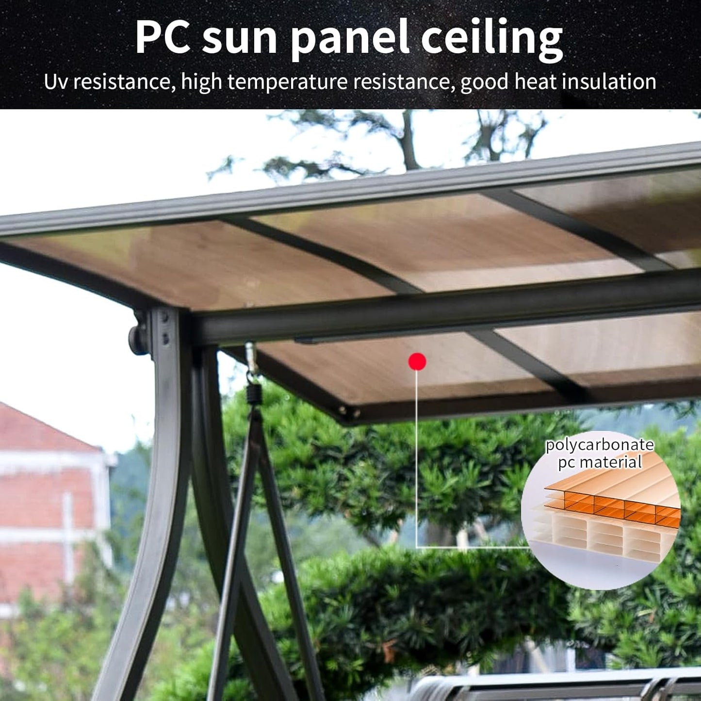 3-Seat Solar Outdoor Patio Swing Chair with Footrest Outdoor Porch Swing with Aluminum Frame Adjustable Tilt Canopy for Poolside Balcony Backyard (Floral Pillow + Red Cushion)