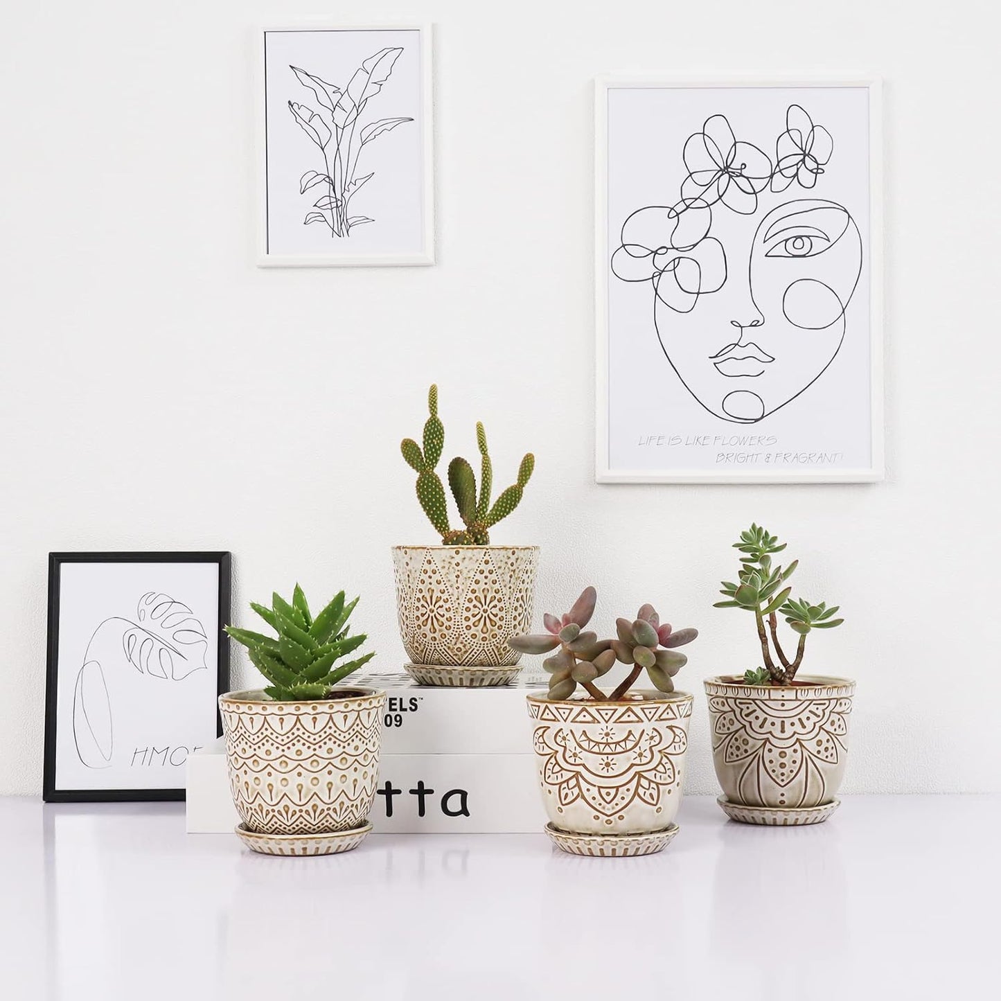 Gepege Succulent Pots, 4 Inch Small Indoor Ceramic Planter Pot with Drainage Holes and Saucers for Plants- Creamy White - Set of 4