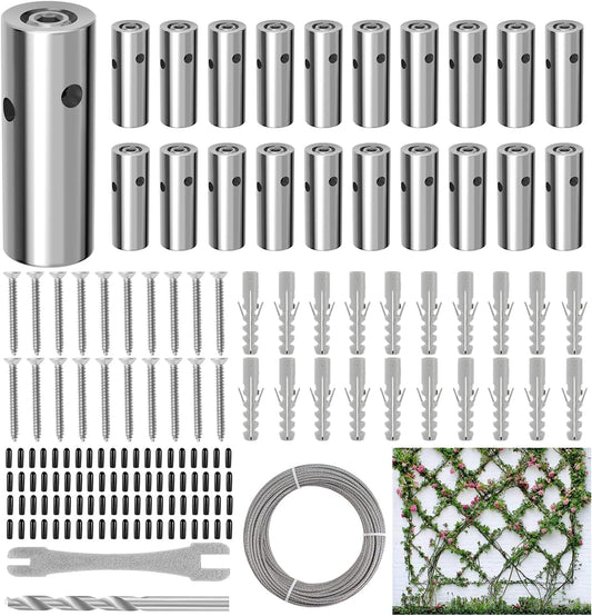 20 Sets Cylindrical Hubs Wall Trellis Kits, Wire Trellis for Climbing Plants Outdoor with 98Ft x 1/8" T316 Stainless Steel Rope, Garden Wire Trellis System for Espalier & Vertical Gardening