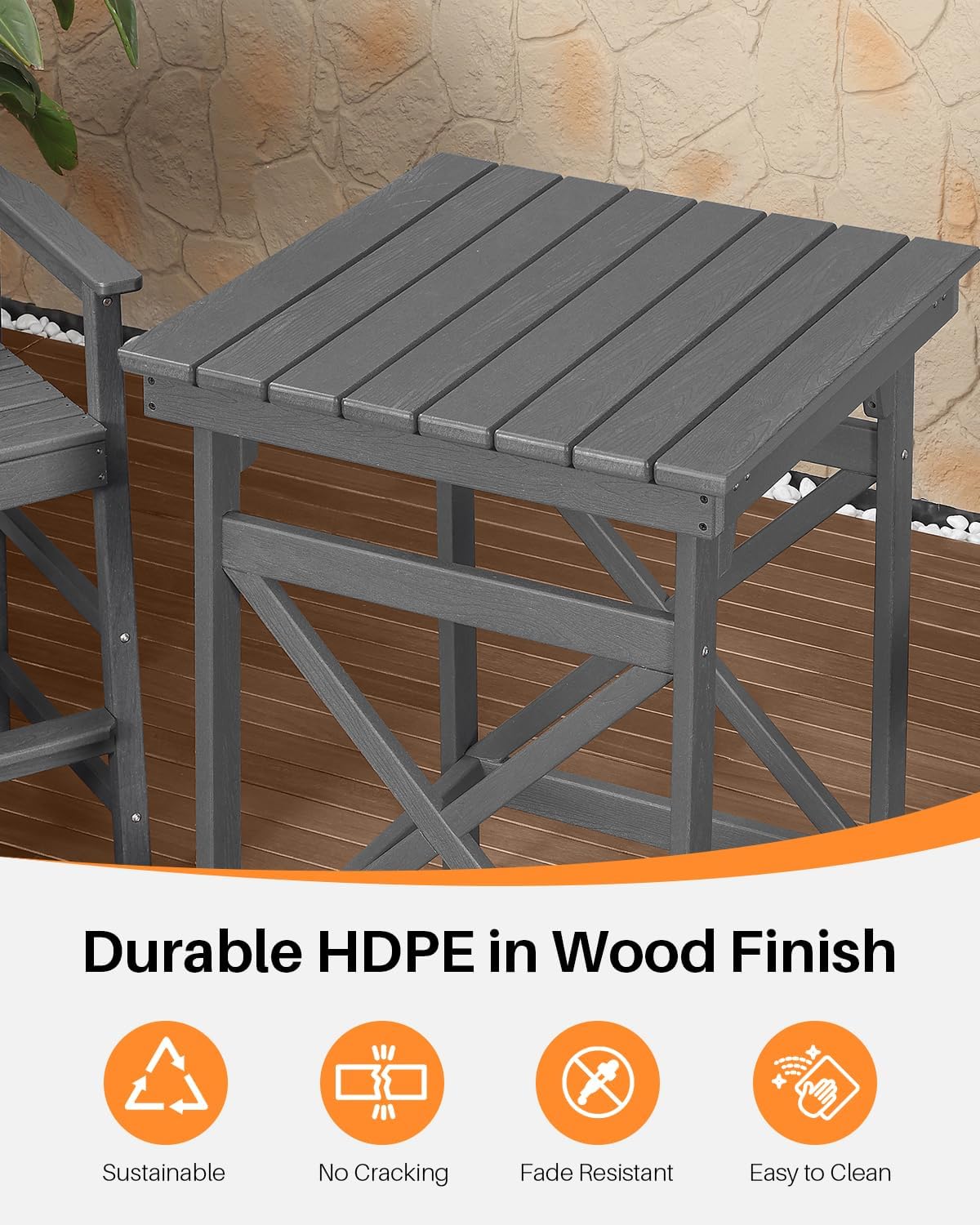 3-Piece Adirondack Chairs and Table Set, HDPE Patio Bar Sets, All Weather Outdoor Bar Stools Set, HDPE Adirondack Bar Height Chairs and Bar Table for Balcony, Pool, Porch, Smoke Gray