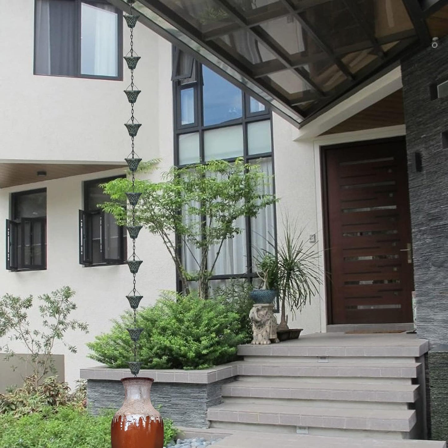 8.5FT Bell Iron Rain Chains for Gutter and Rain Barrel, Rust-Resistant Plated Garden Décor for Downspout, Bonus Rain Chain Gutter Adapter (Antique-Gray)