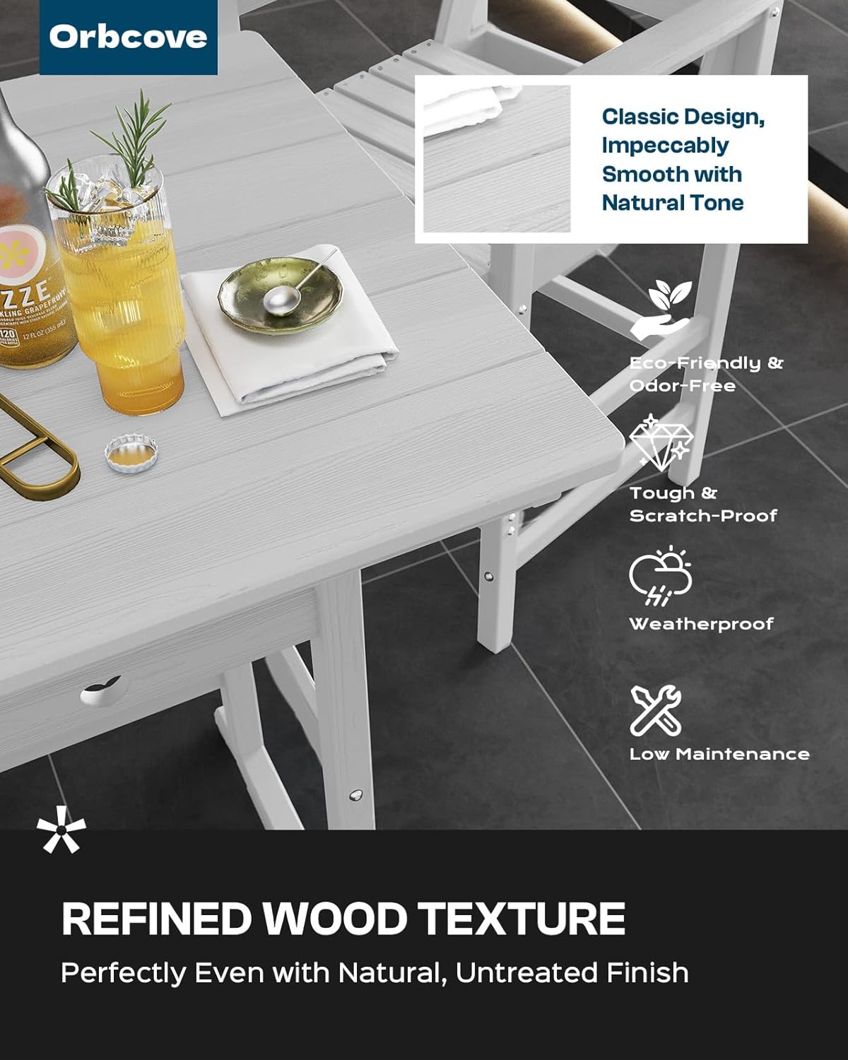 5-Piece Bar Height Patio Table and Chairs Set, HDPE Wood Grain Outdoor Bar Table and Chairs with Heart Cutout Design, Weather-Resistant Bar Height Furniture for Deck, Porch, Pool (White)