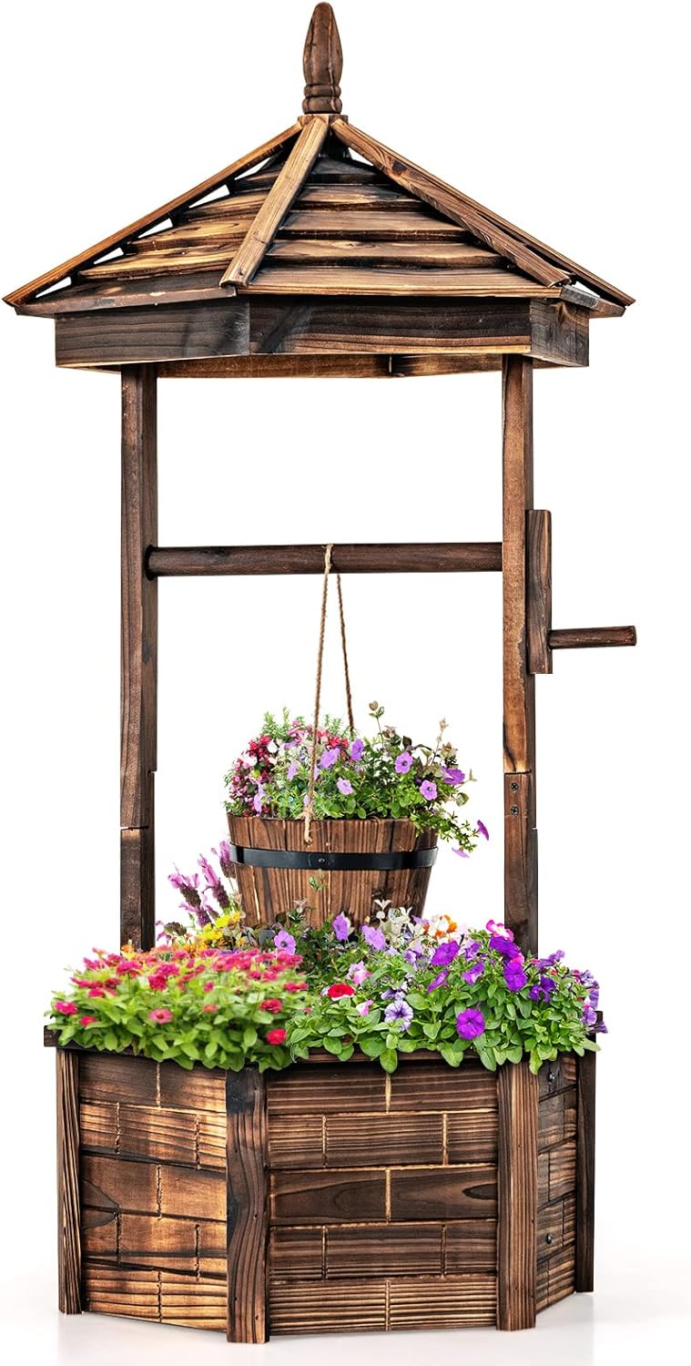 Giantex Rustic Wooden Wishing Well Planter with Hanging Bucket, Roof Shadow, Reinforced Rod, Wishing Wells for Outdoors Backyard Patio Garden Outside Decor