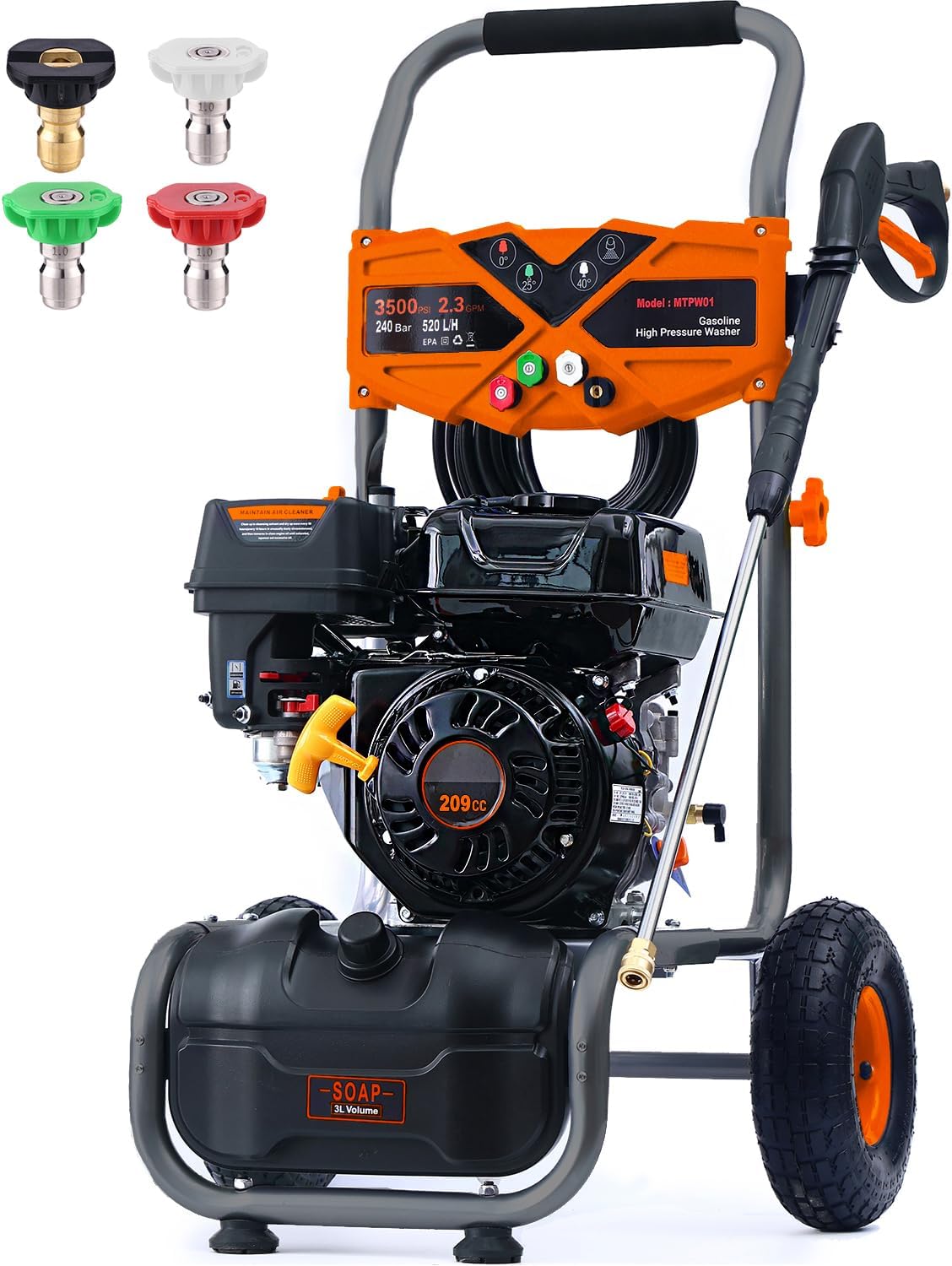 3500 PSI Gas Pressure Washer, 2.3 GPM Power Washer with 209CC Engine, Maintenance-Free Axial Cam Pump, 25FT Hose, 4 Nozzles for Driveways, Walls, Vehicles, Patio (Orange)