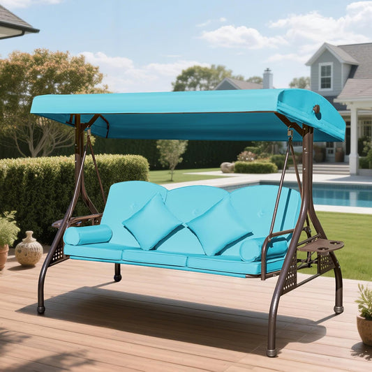 3-seat Patio Swing with Canopy,Convertible Outdoor Swing Bed with Thick Cushions, Pillows & Cup Holders, 3-Seat Outdoor Swings Chair for Backyard, Garden, Deck(Lake Blue)