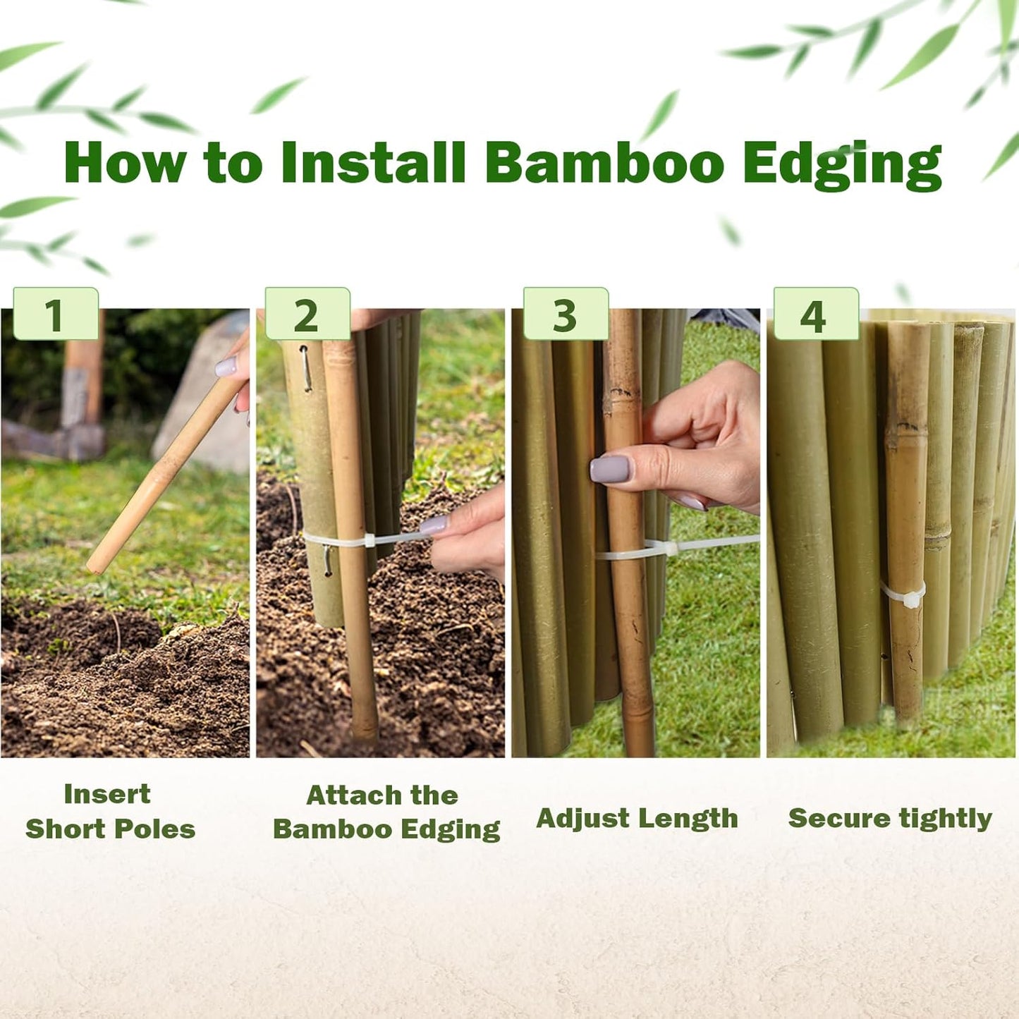 8x39IN Natural Bamboo Edging, Bamboo Garden Border Edging, Outdoor Landscape Edging for Decorative Garden, Patio Flower Garden Bed, Lawn, Yard, Pool Fences（1Pc with 3 Short Poles）