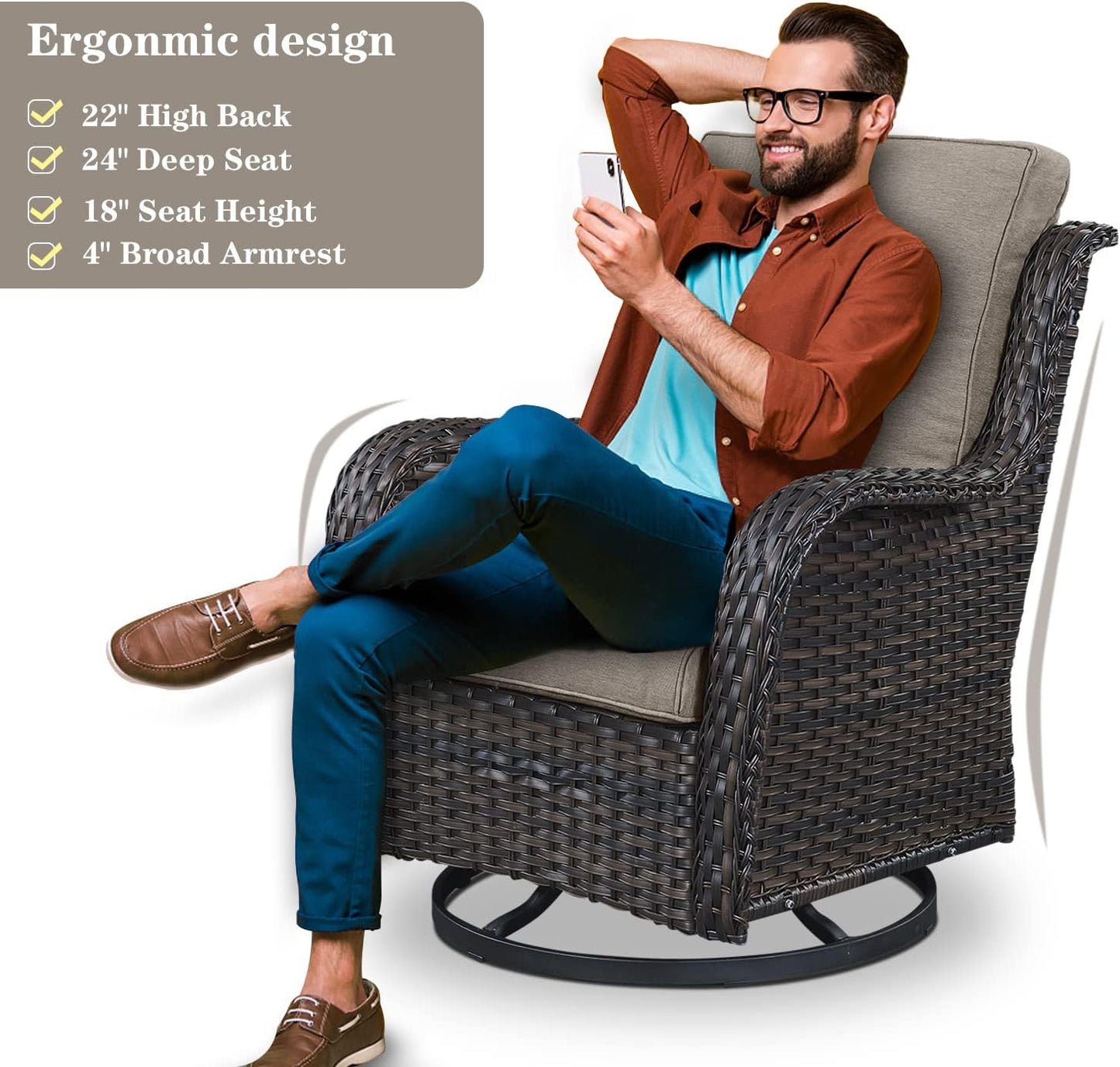 5 Piece Outdoor Patio Furniture Set - Wicker Furniture Patio Conversation Set, Outdoor Swivel Rocker Chairs with 3-Seater Sofa and 2 Ottomans for Small Space, Gray Cushion