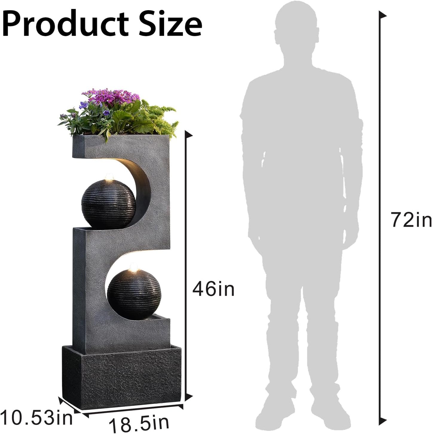 46''H Outdoor Water Fountain with LED Light, Modern Sphere Floor Waterfalls Fountains Indoor for Garden Patio Yard Deck Home Decor Lawn Porch House